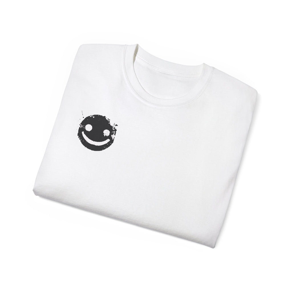Smiley Crest Cotton Tee — Red Smiley Front, 'CORVUS' Star Logo Back