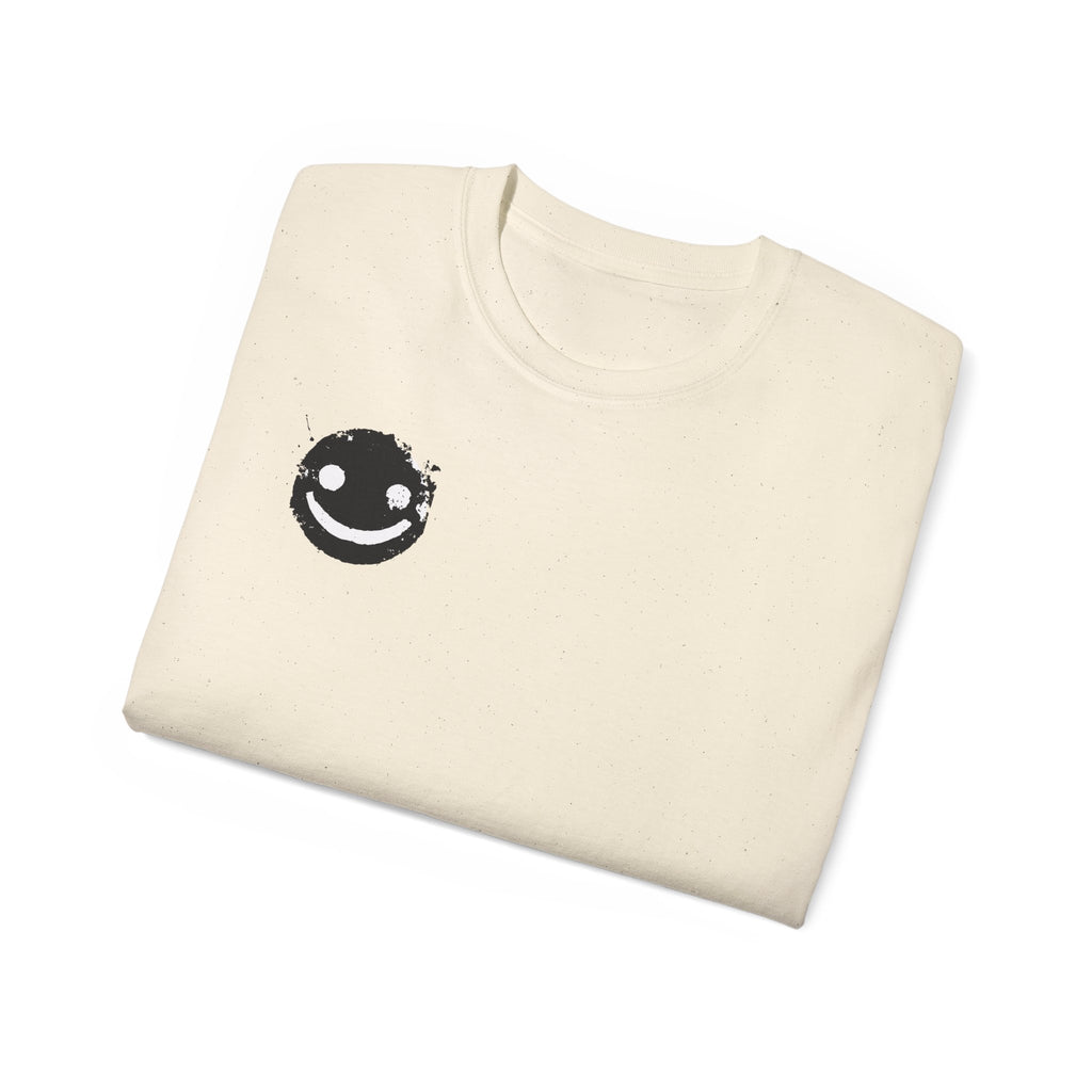 Smiley Crest Cotton Tee — Red Smiley Front, 'CORVUS' Star Logo Back