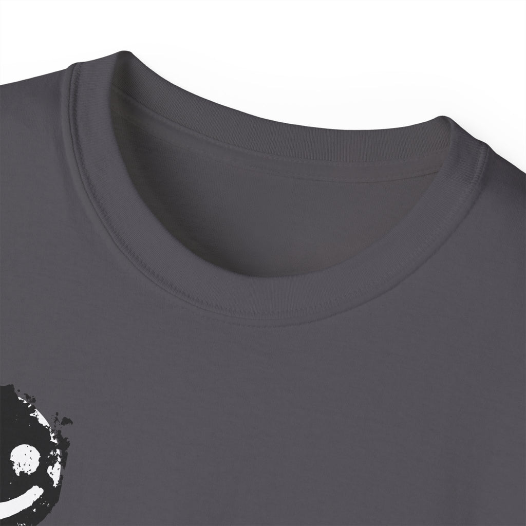 Smiley Crest Cotton Tee — Red Smiley Front, 'CORVUS' Star Logo Back