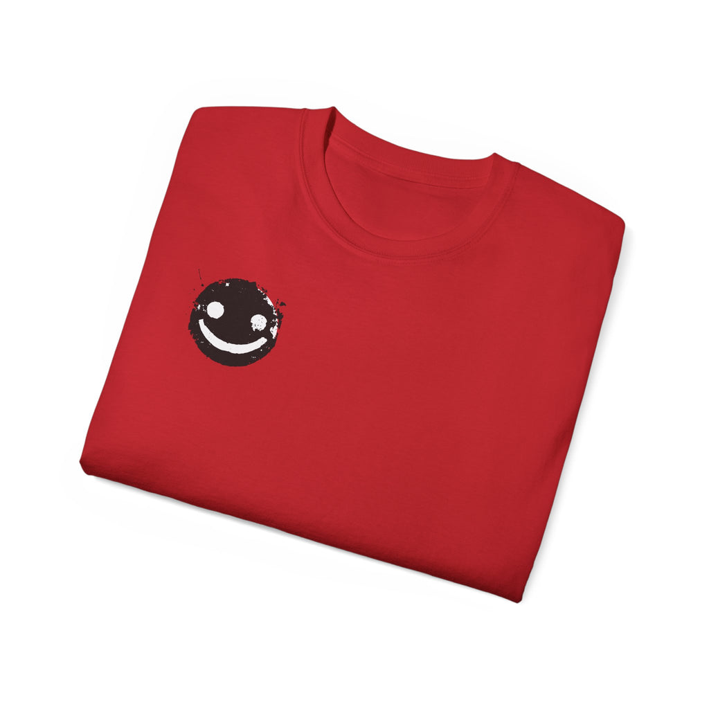 Smiley Crest Cotton Tee — Red Smiley Front, 'CORVUS' Star Logo Back