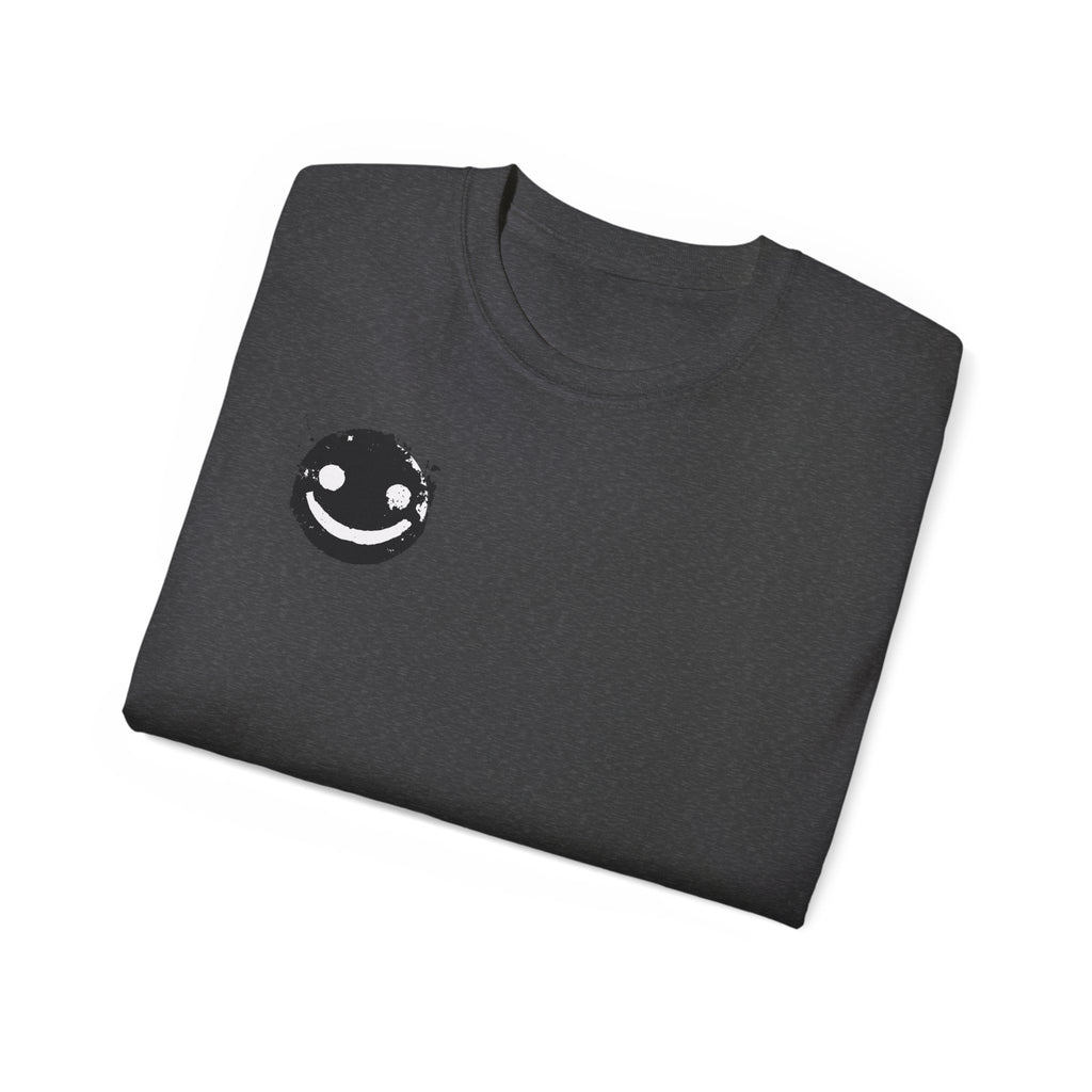 Smiley Crest Cotton Tee — Red Smiley Front, 'CORVUS' Star Logo Back