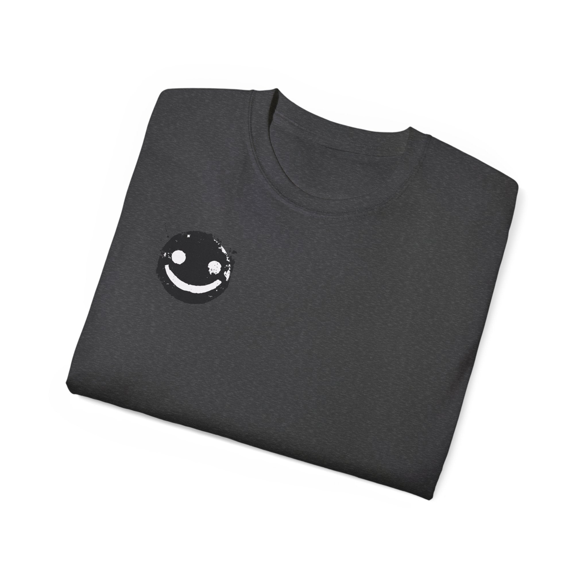 Smiley Crest Cotton Tee — Red Smiley Front, 'CORVUS' Star Logo Back