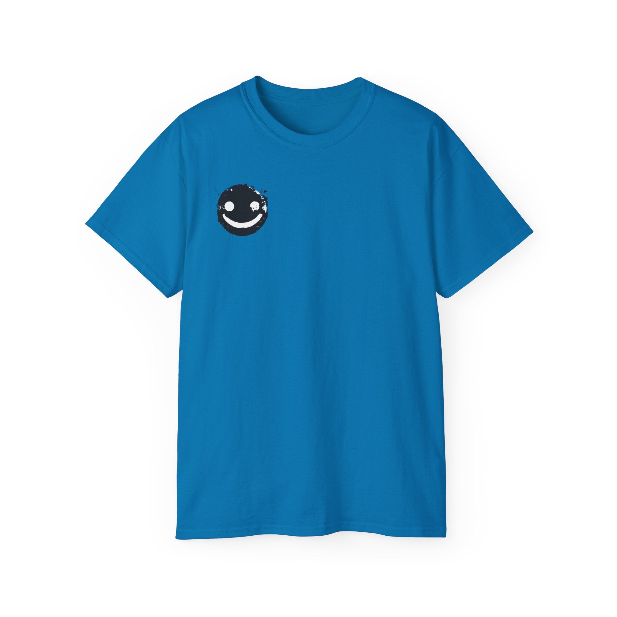 Smiley Crest Cotton Tee — Red Smiley Front, 'CORVUS' Star Logo Back