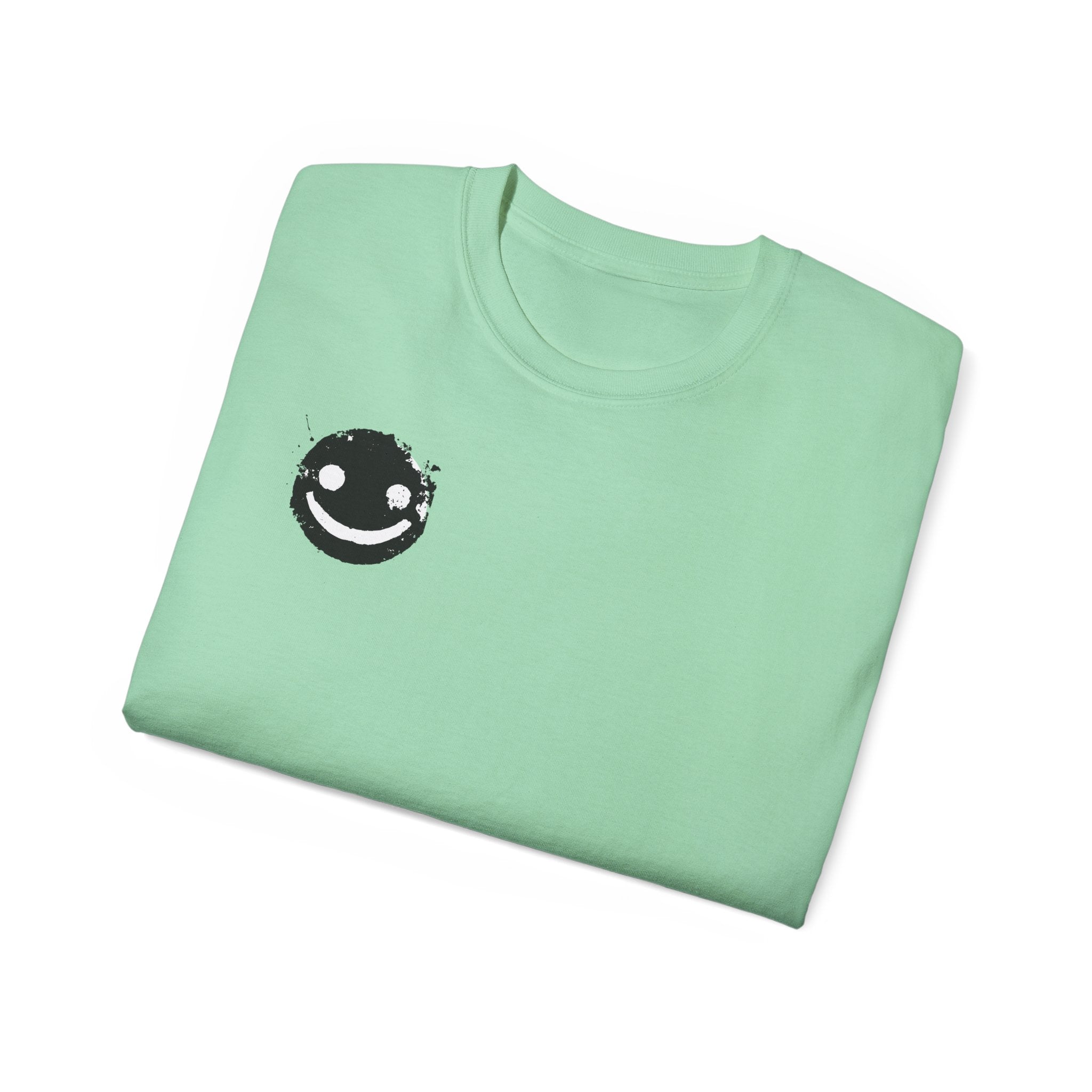 Smiley Crest Cotton Tee — Red Smiley Front, 'CORVUS' Star Logo Back