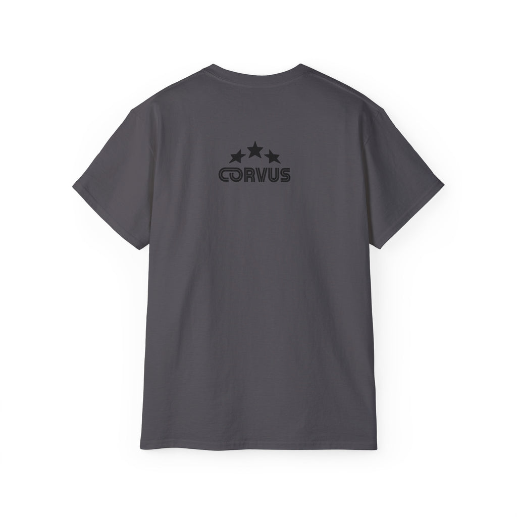 Smiley Crest Cotton Tee — Red Smiley Front, 'CORVUS' Star Logo Back