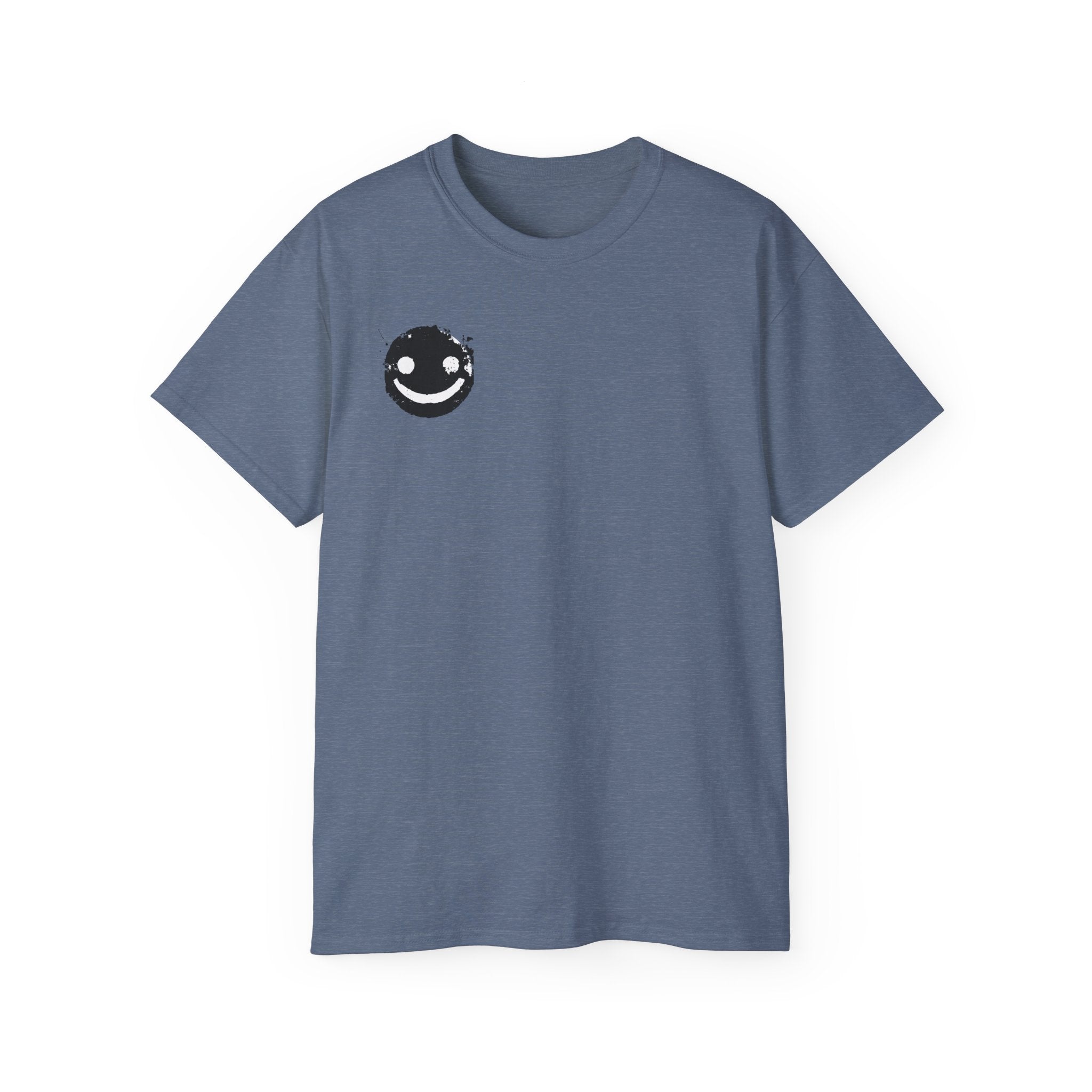 Smiley Crest Cotton Tee — Red Smiley Front, 'CORVUS' Star Logo Back