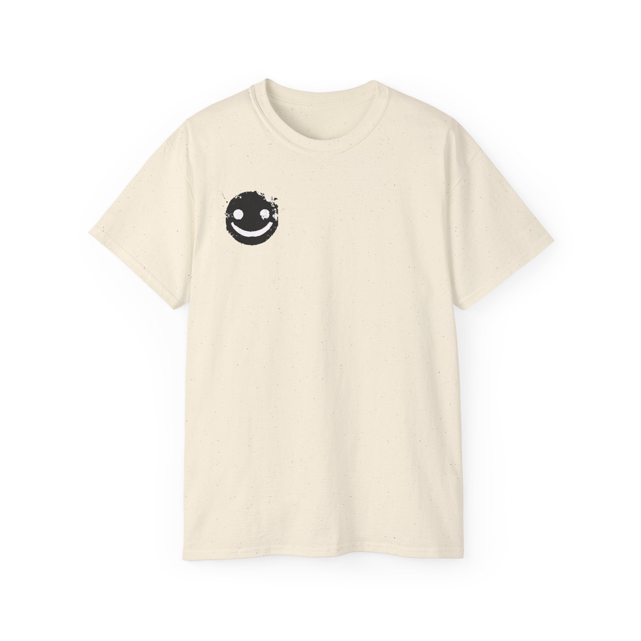 Smiley Crest Cotton Tee — Red Smiley Front, 'CORVUS' Star Logo Back