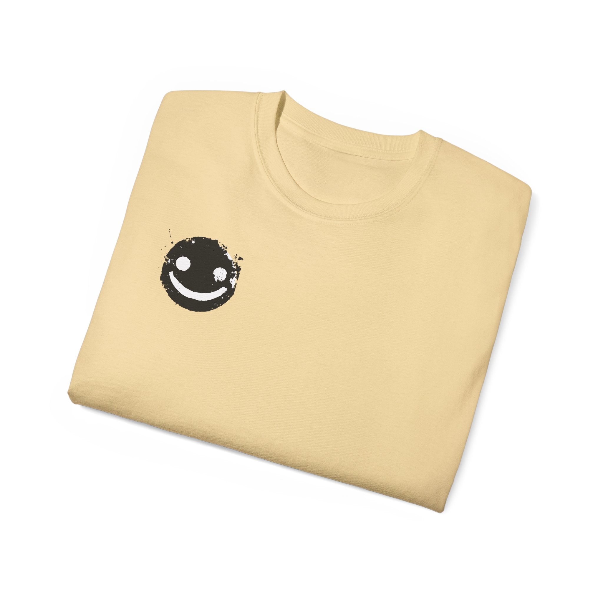 Smiley Crest Cotton Tee — Red Smiley Front, 'CORVUS' Star Logo Back