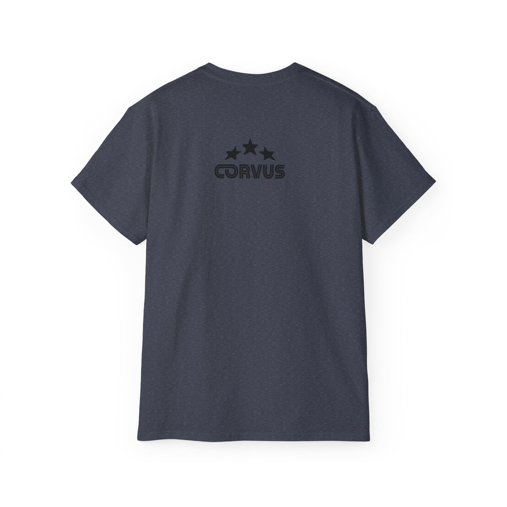 Smiley Crest Cotton Tee — Red Smiley Front, 'CORVUS' Star Logo Back
