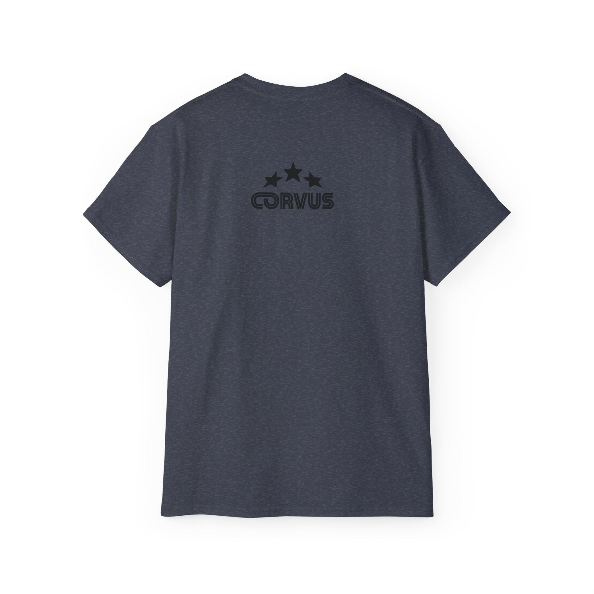 Smiley Crest Cotton Tee — Red Smiley Front, 'CORVUS' Star Logo Back