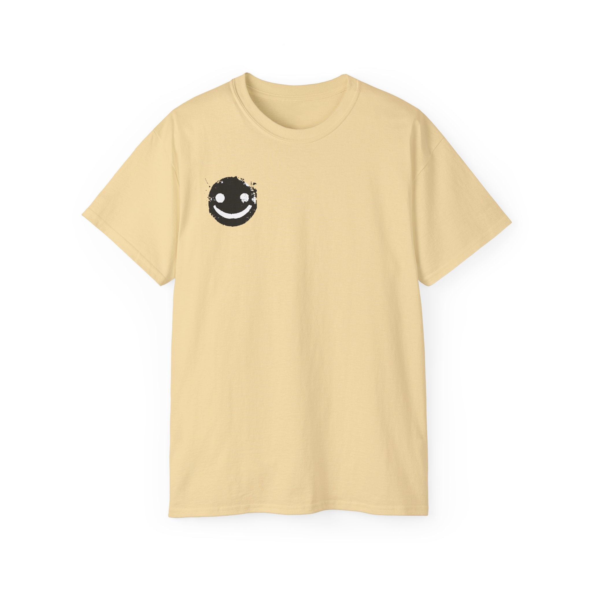 Smiley Crest Cotton Tee — Red Smiley Front, 'CORVUS' Star Logo Back