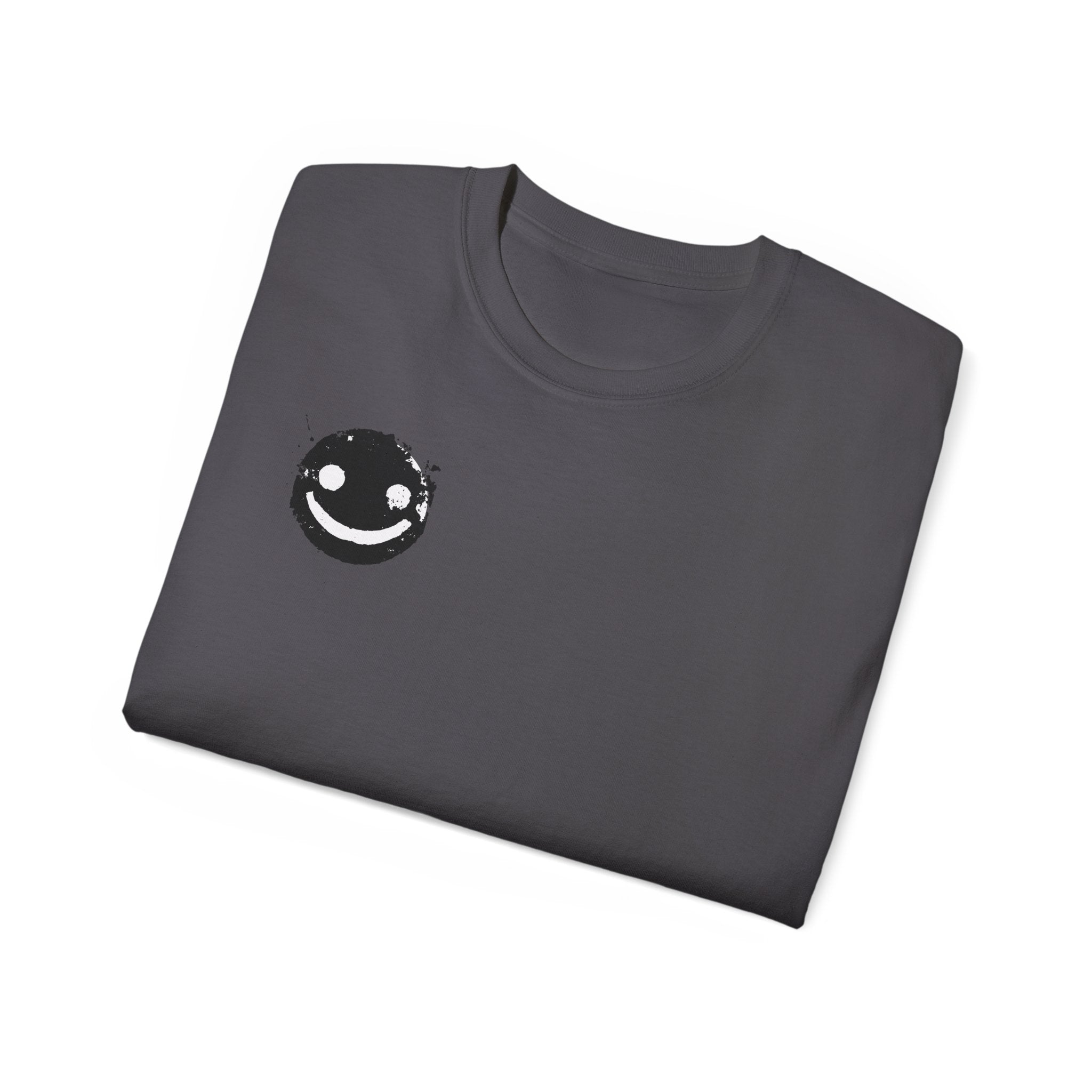 Smiley Crest Cotton Tee — Red Smiley Front, 'CORVUS' Star Logo Back