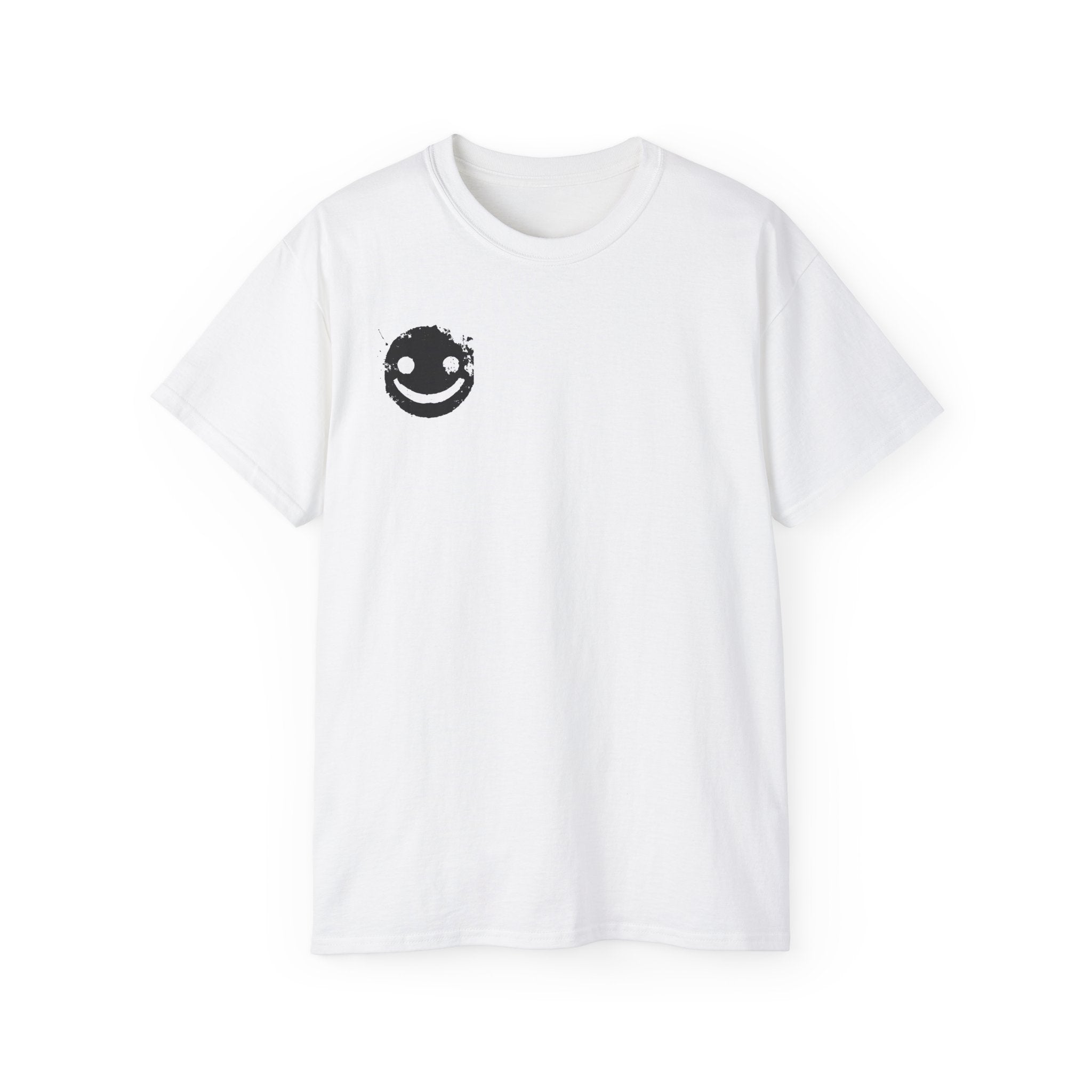 Smiley Crest Cotton Tee — Red Smiley Front, 'CORVUS' Star Logo Back