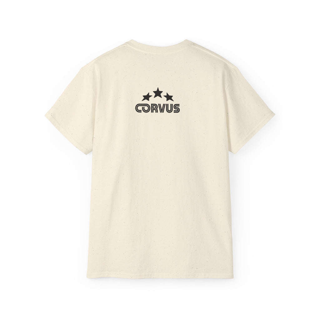 Smiley Crest Cotton Tee — Red Smiley Front, 'CORVUS' Star Logo Back