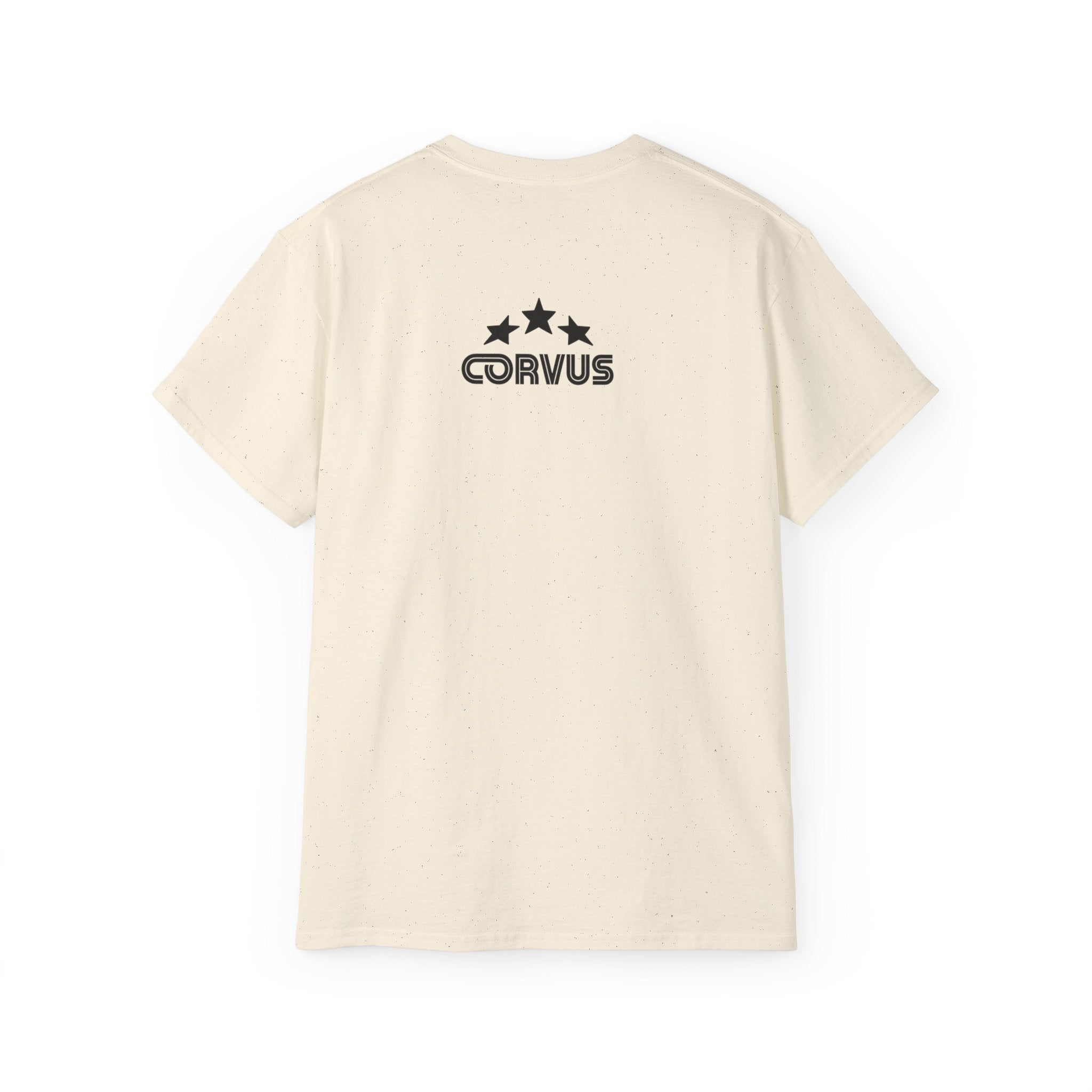 Smiley Crest Cotton Tee — Red Smiley Front, 'CORVUS' Star Logo Back