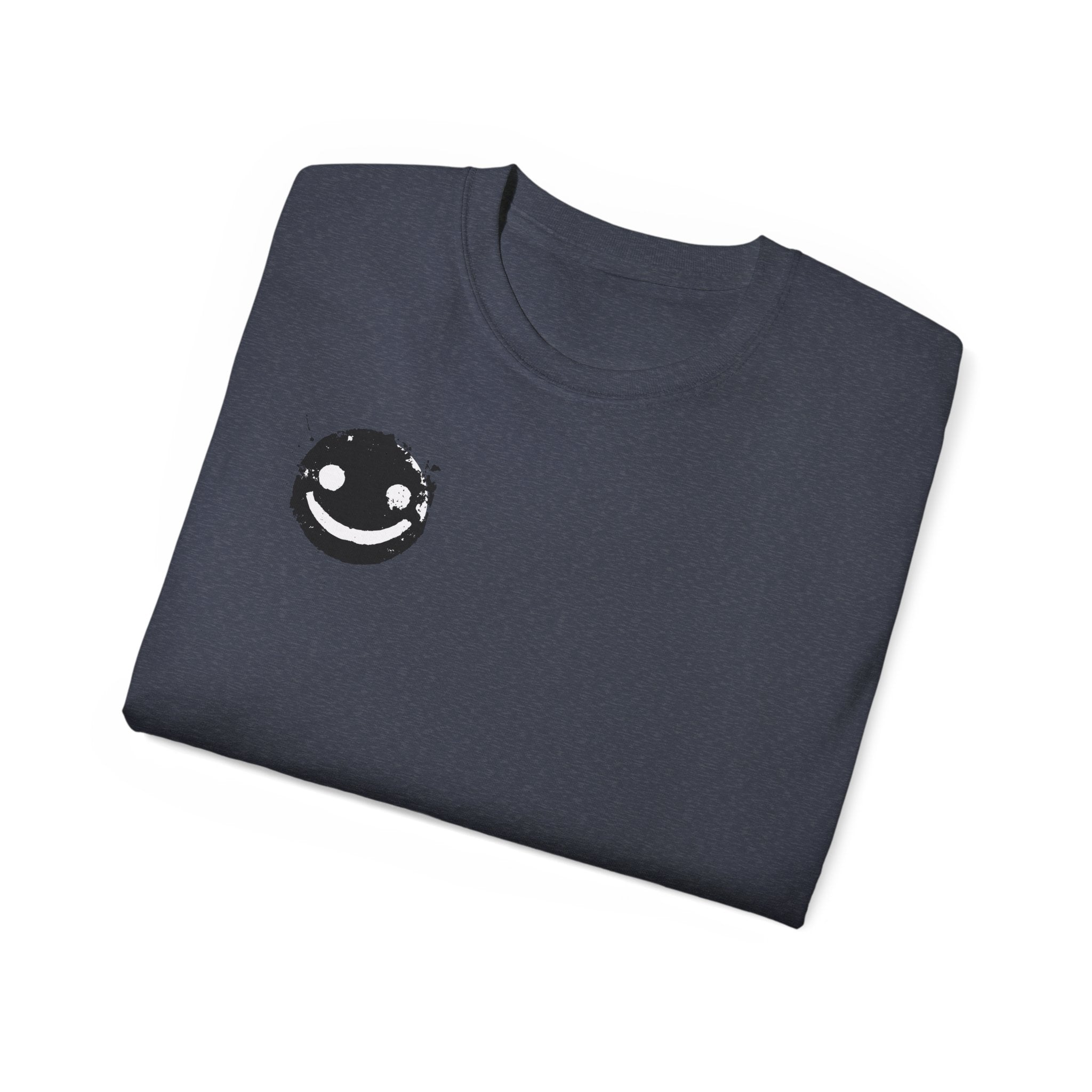 Smiley Crest Cotton Tee — Red Smiley Front, 'CORVUS' Star Logo Back