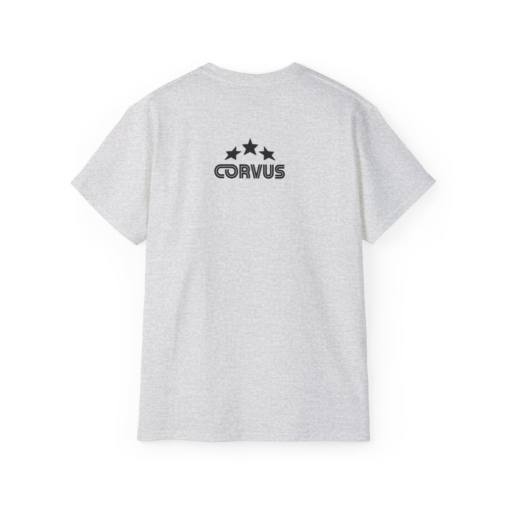 Smiley Crest Cotton Tee — Red Smiley Front, 'CORVUS' Star Logo Back