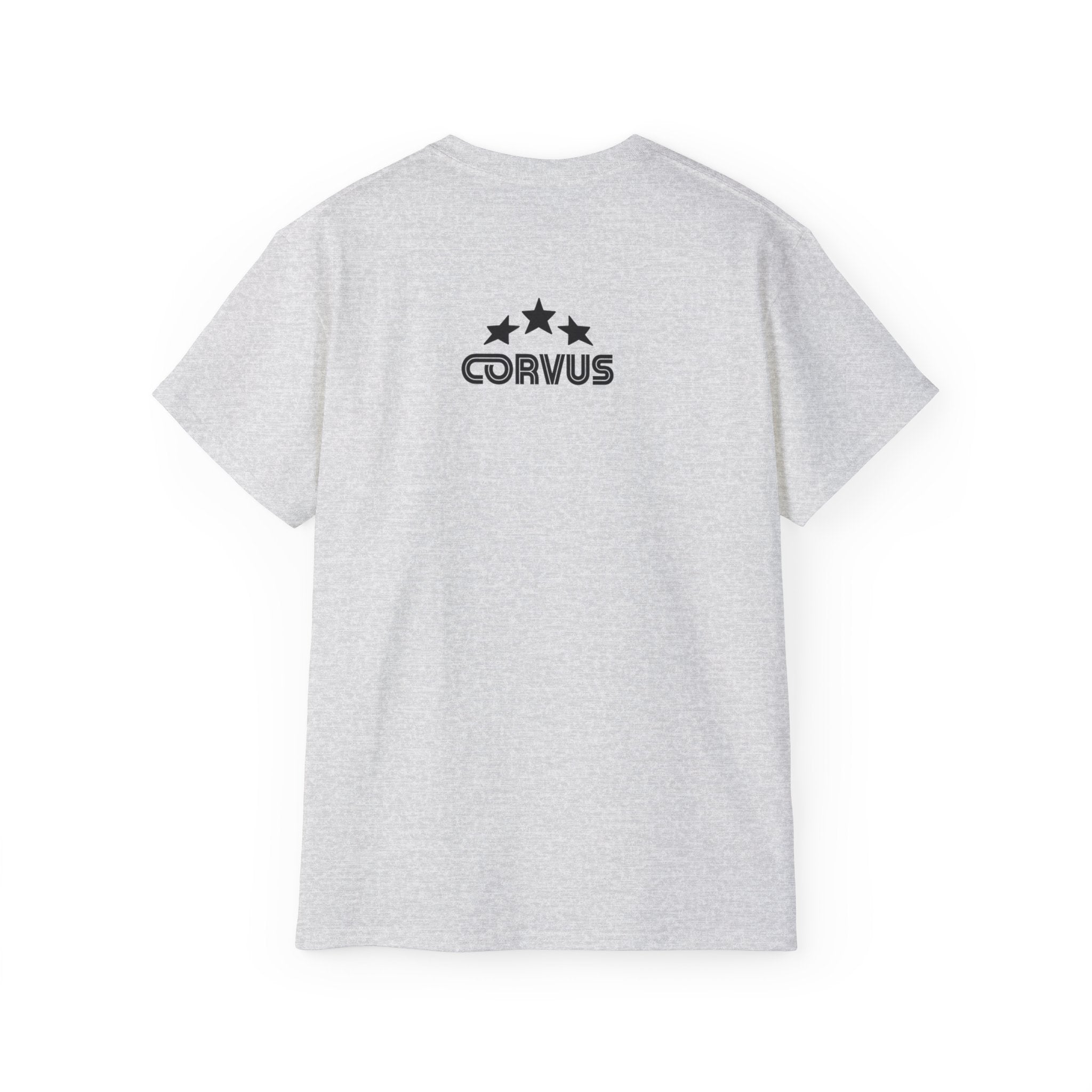 Smiley Crest Cotton Tee — Red Smiley Front, 'CORVUS' Star Logo Back