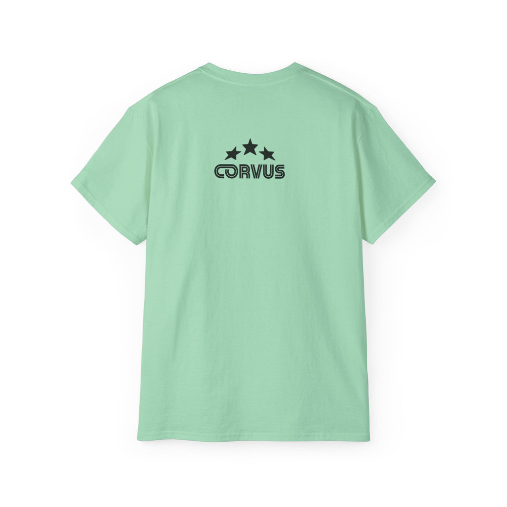 Smiley Crest Cotton Tee — Red Smiley Front, 'CORVUS' Star Logo Back