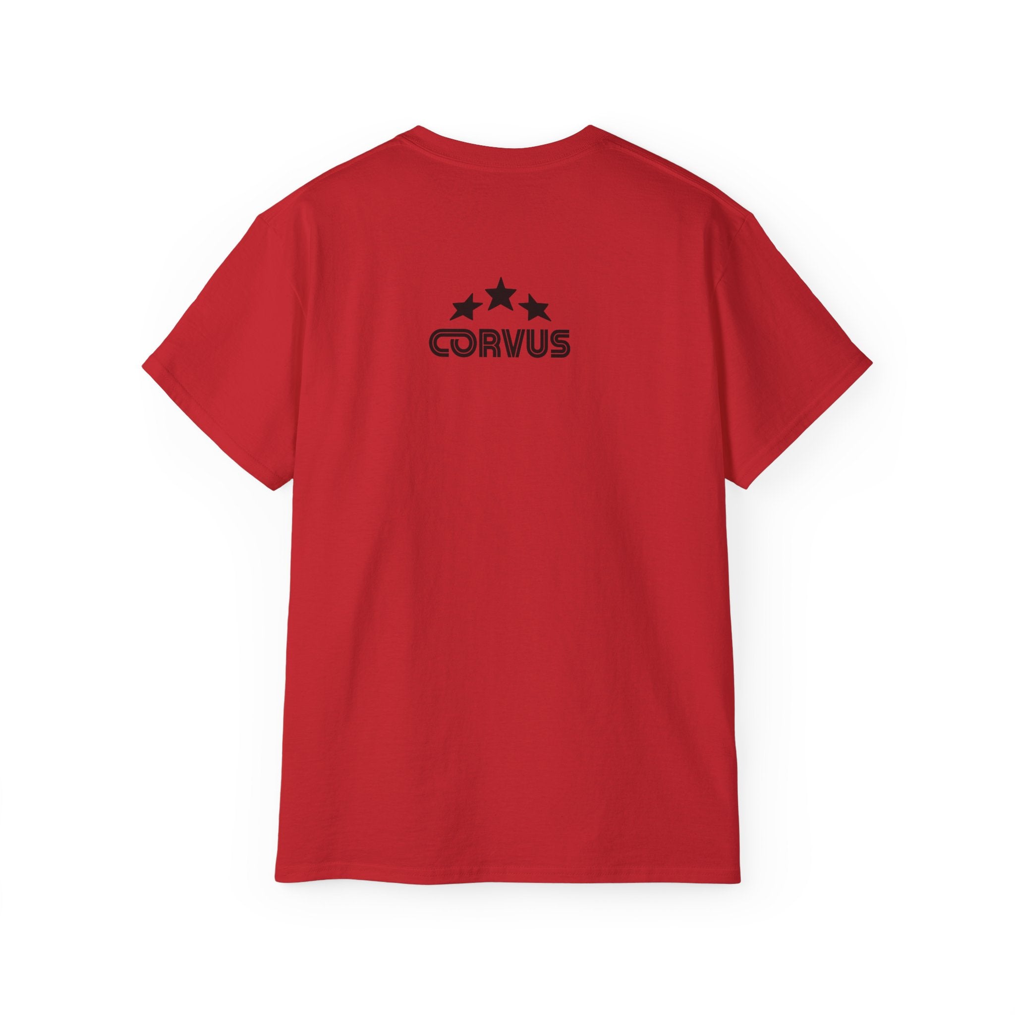 Smiley Crest Cotton Tee — Red Smiley Front, 'CORVUS' Star Logo Back