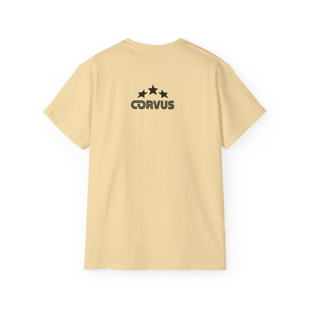 Smiley Crest Cotton Tee — Red Smiley Front, 'CORVUS' Star Logo Back