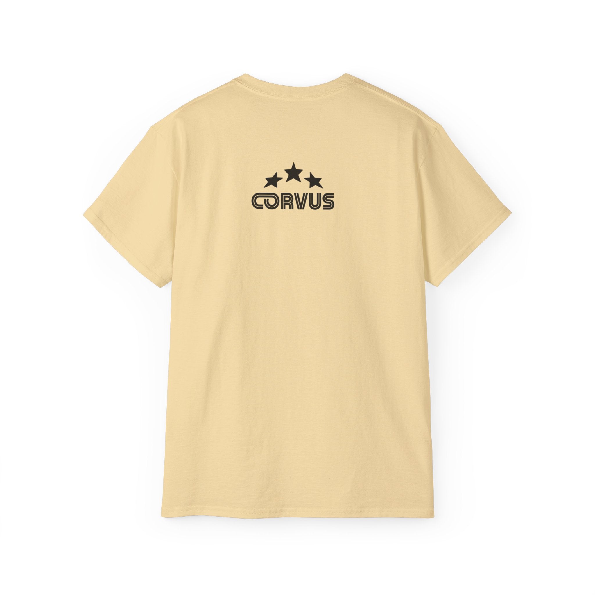 Smiley Crest Cotton Tee — Red Smiley Front, 'CORVUS' Star Logo Back