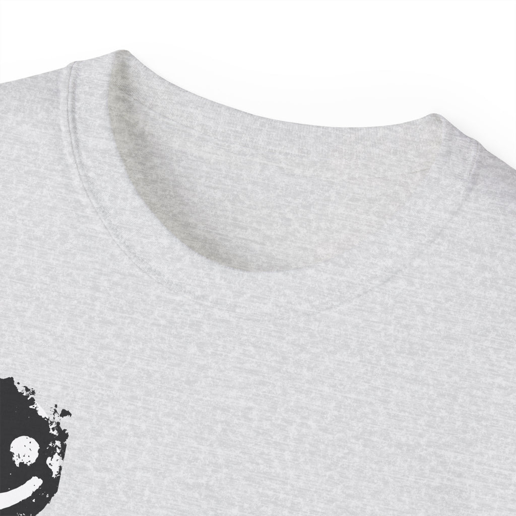 Smiley Crest Cotton Tee — Red Smiley Front, 'CORVUS' Star Logo Back