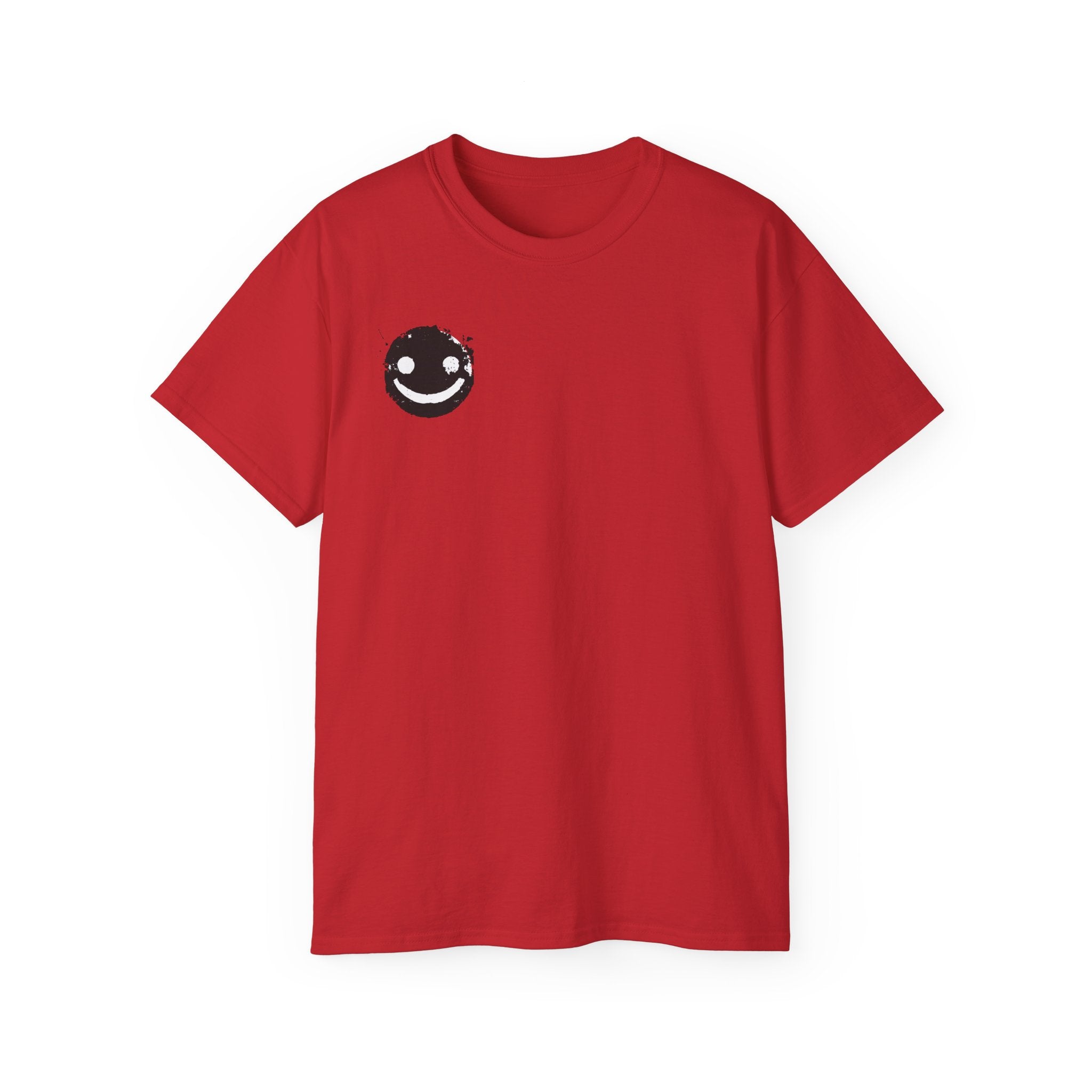 Smiley Crest Cotton Tee — Red Smiley Front, 'CORVUS' Star Logo Back