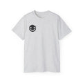 Smiley Crest Cotton Tee — Red Smiley Front, 'CORVUS' Star Logo Back