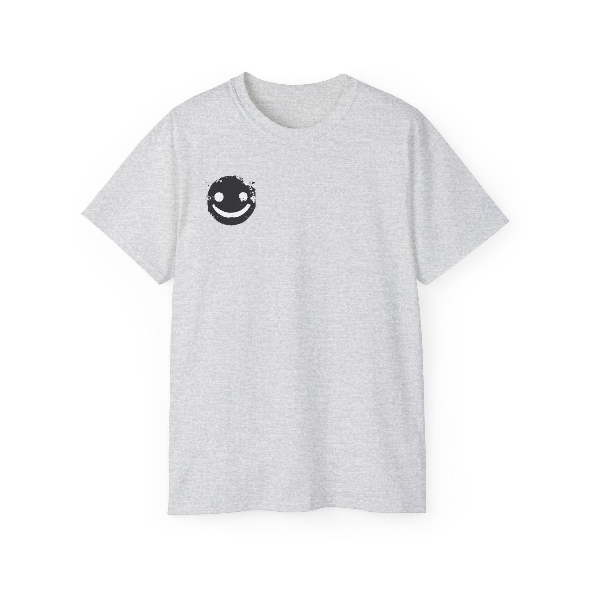Smiley Crest Cotton Tee — Red Smiley Front, 'CORVUS' Star Logo Back