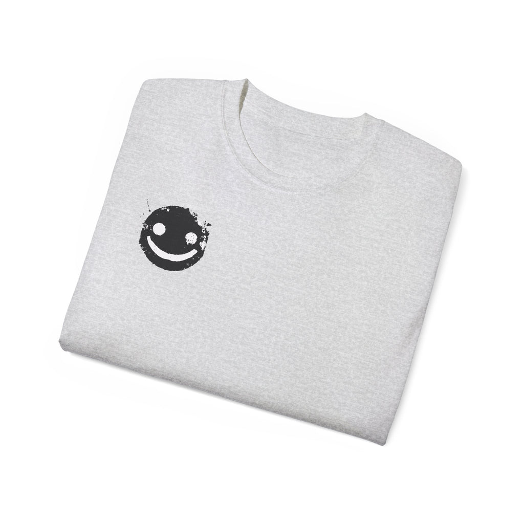 Smiley Crest Cotton Tee — Red Smiley Front, 'CORVUS' Star Logo Back