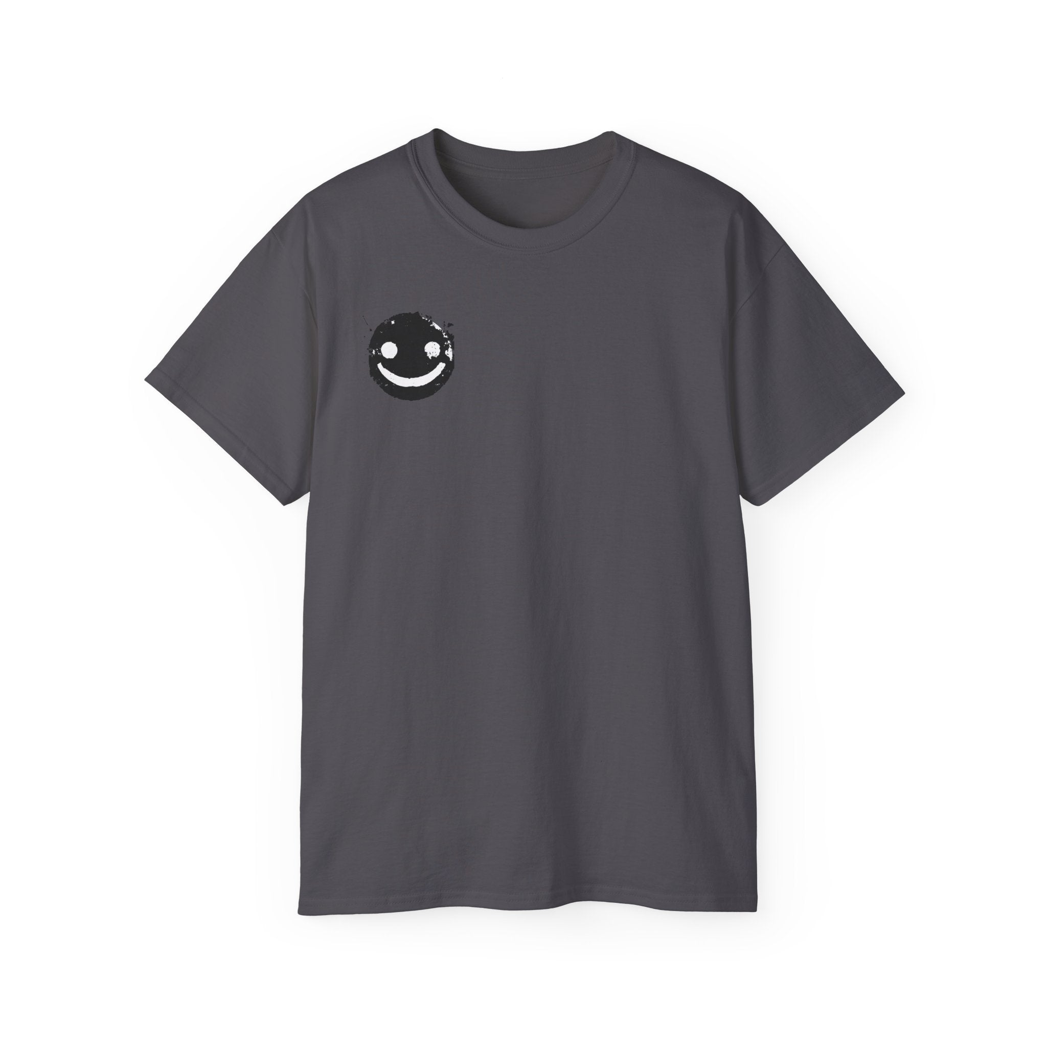 Smiley Crest Cotton Tee — Red Smiley Front, 'CORVUS' Star Logo Back