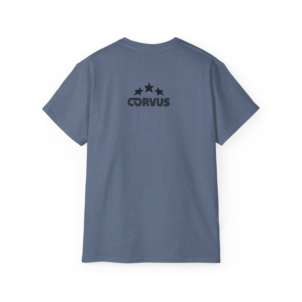 Smiley Crest Cotton Tee — Red Smiley Front, 'CORVUS' Star Logo Back