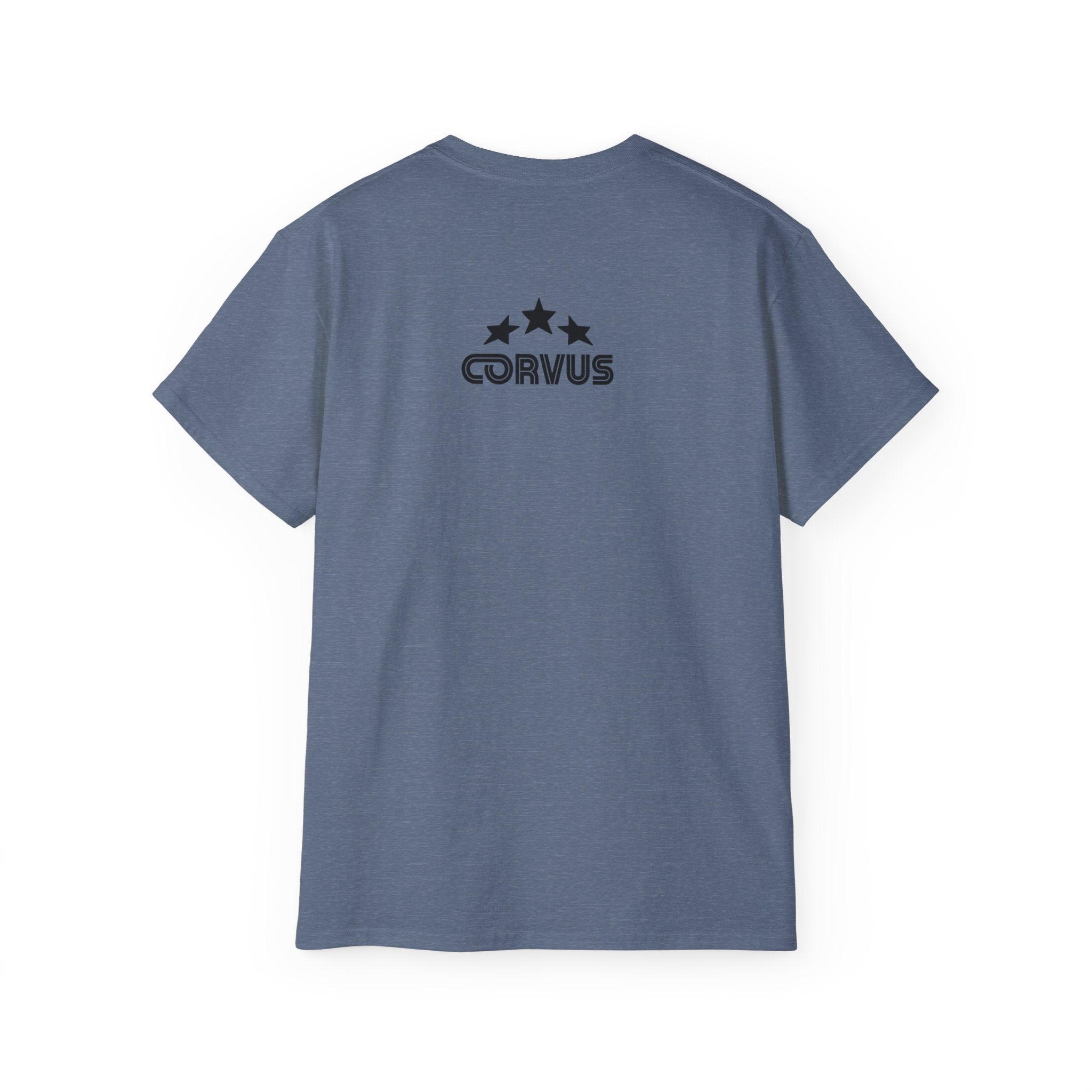 Smiley Crest Cotton Tee — Red Smiley Front, 'CORVUS' Star Logo Back