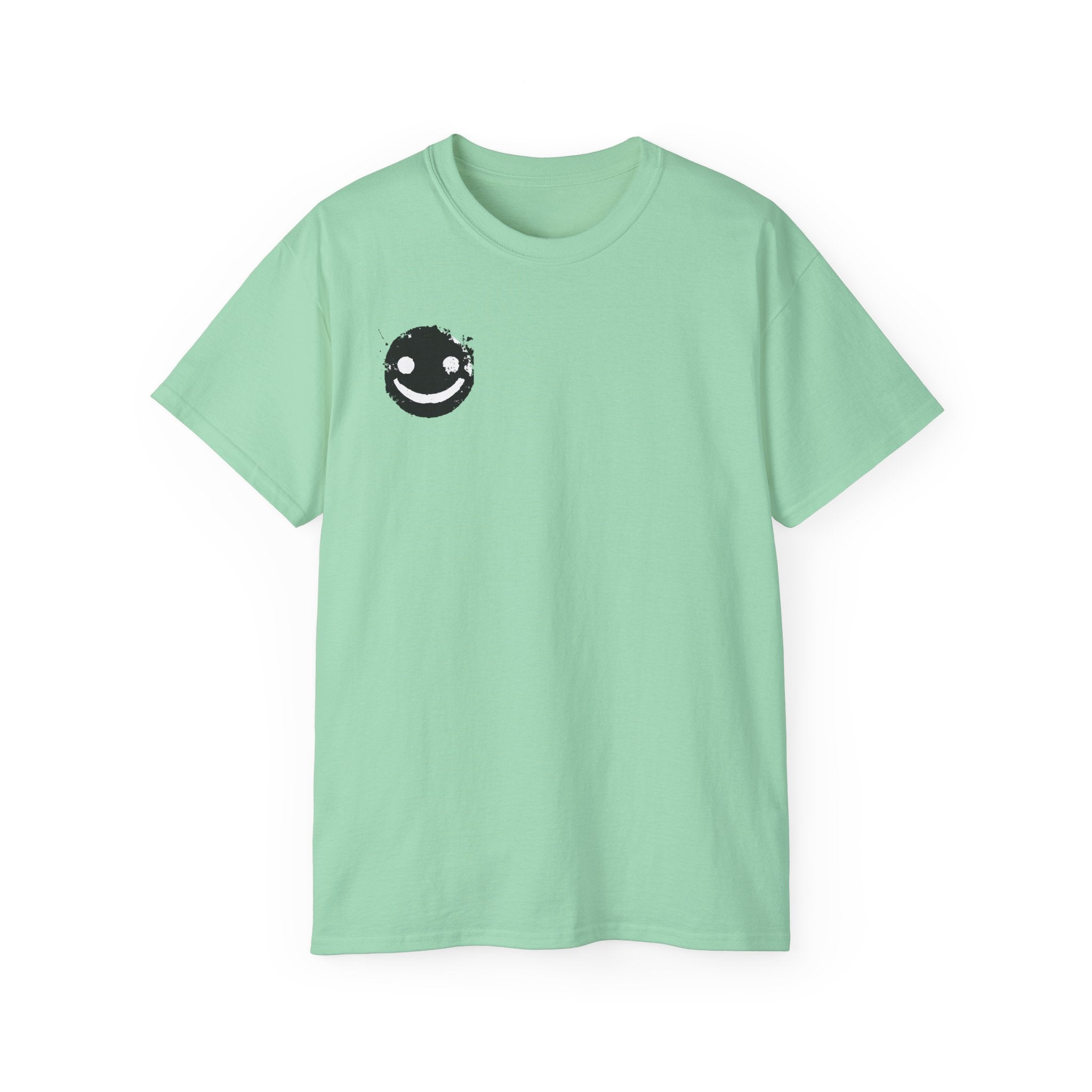 Smiley Crest Cotton Tee — Red Smiley Front, 'CORVUS' Star Logo Back