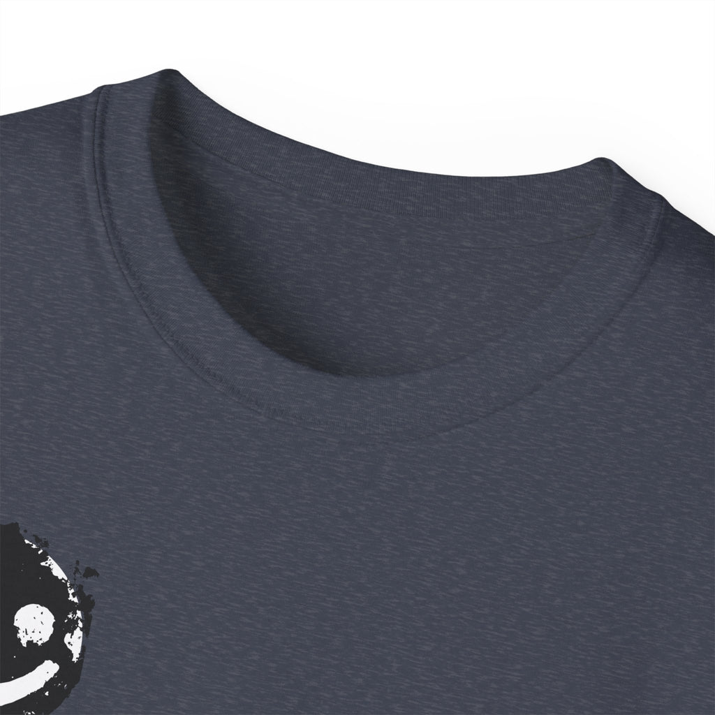 Smiley Crest Cotton Tee — Red Smiley Front, 'CORVUS' Star Logo Back