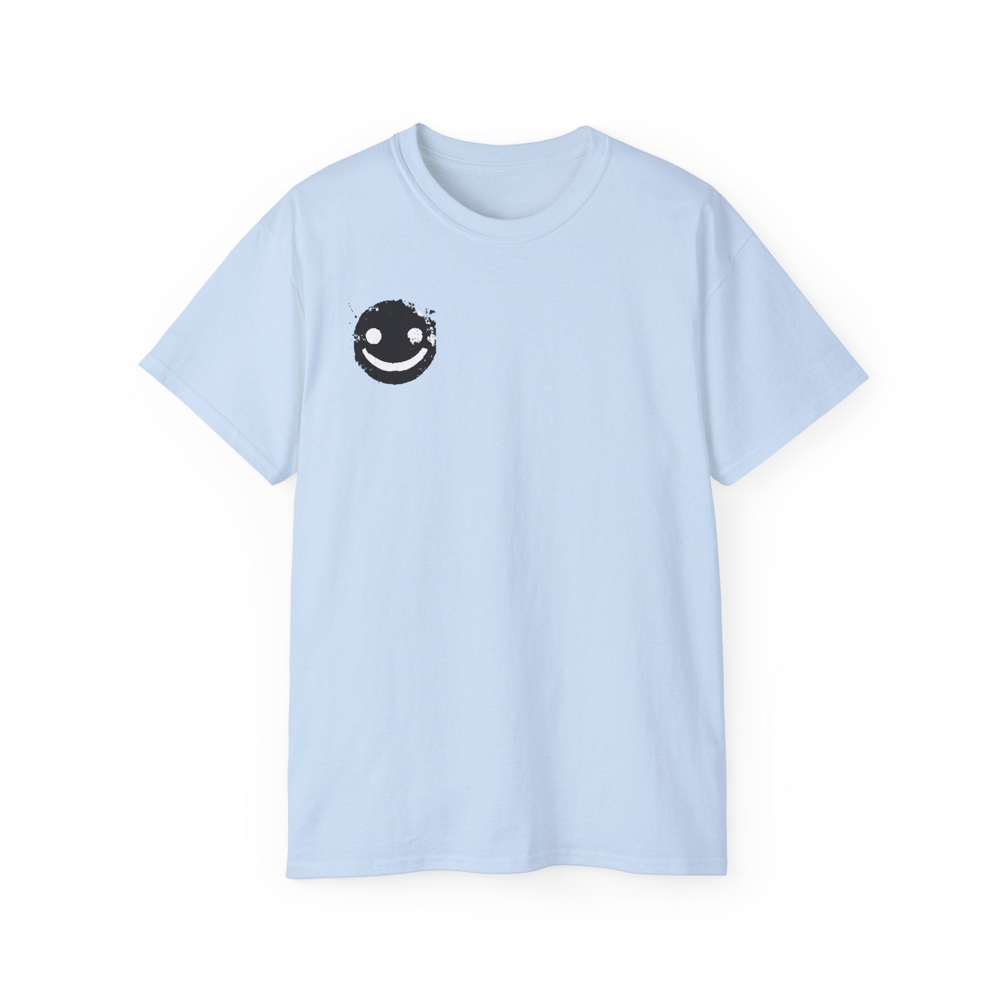 Smiley Crest Cotton Tee — Red Smiley Front, 'CORVUS' Star Logo Back