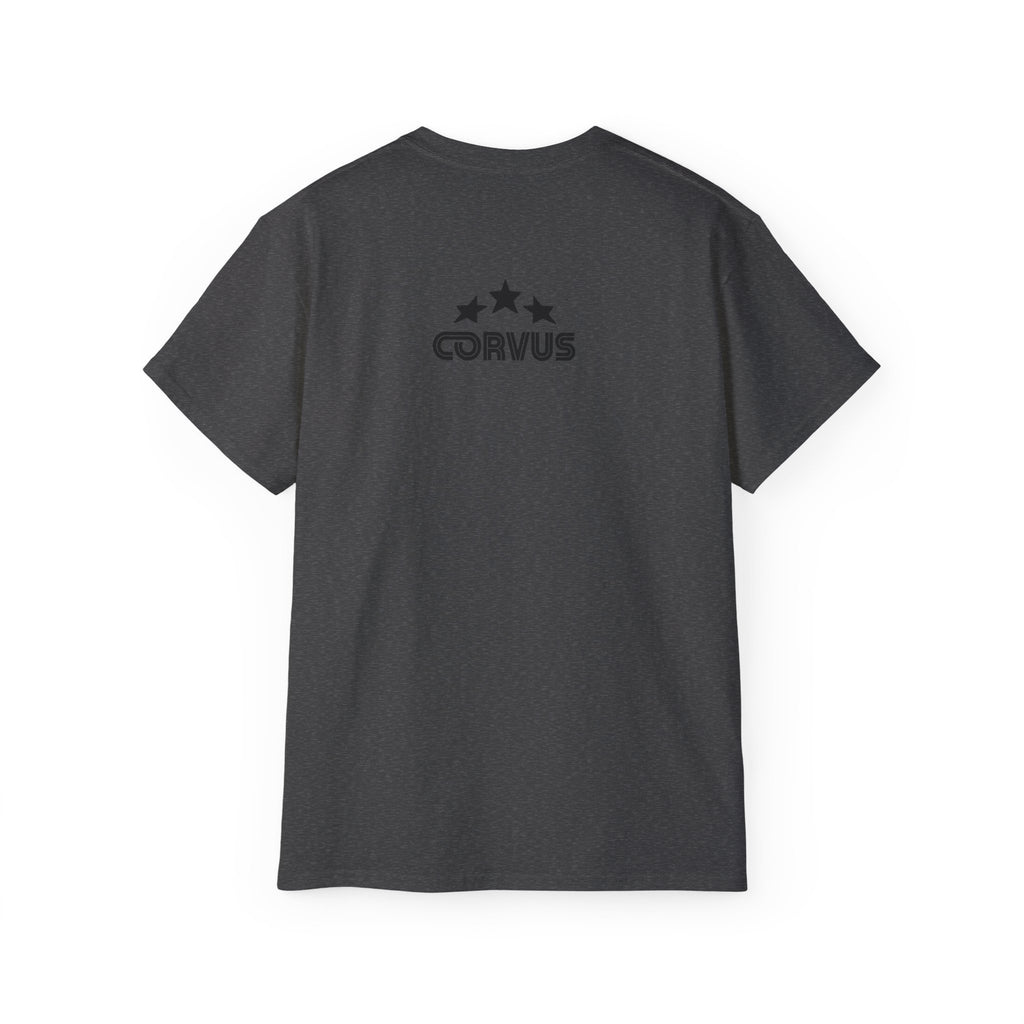 Smiley Crest Cotton Tee — Red Smiley Front, 'CORVUS' Star Logo Back