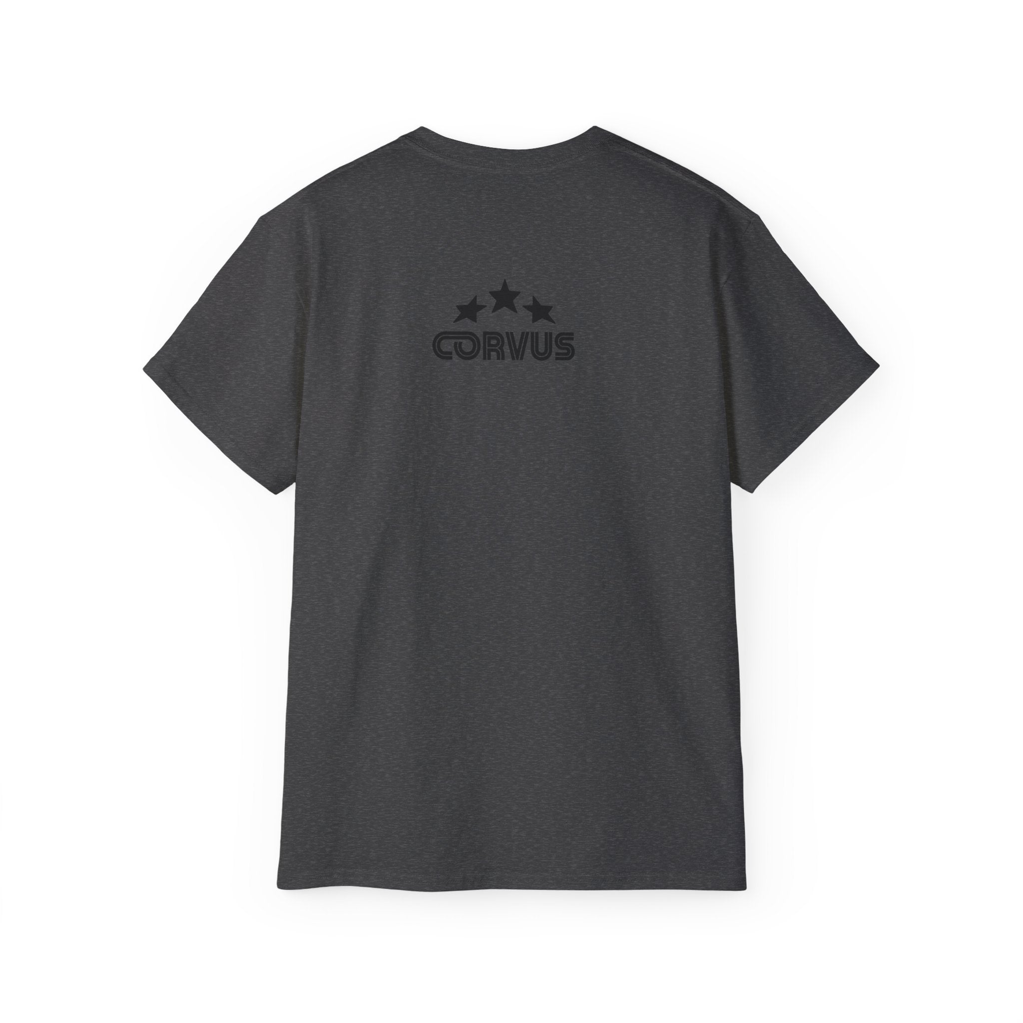 Smiley Crest Cotton Tee — Red Smiley Front, 'CORVUS' Star Logo Back
