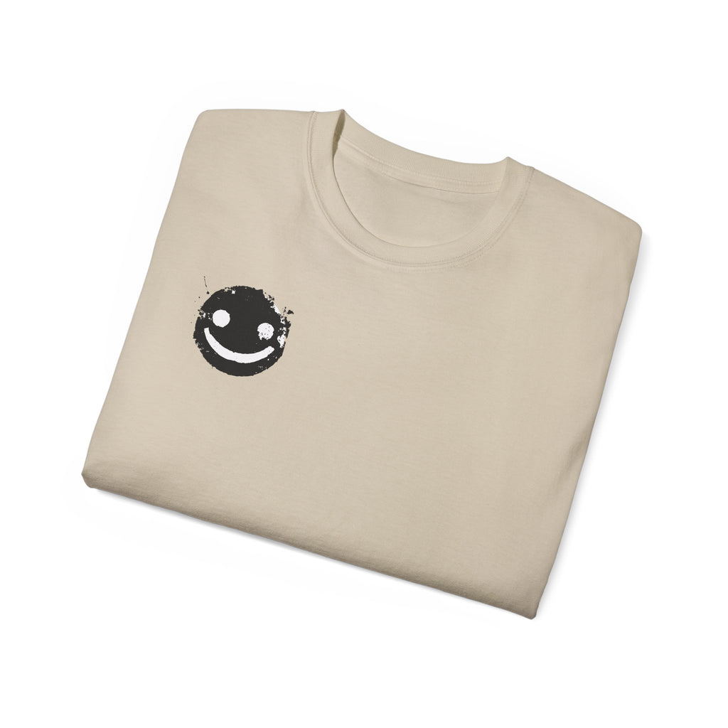 Smiley Crest Cotton Tee — Red Smiley Front, 'CORVUS' Star Logo Back