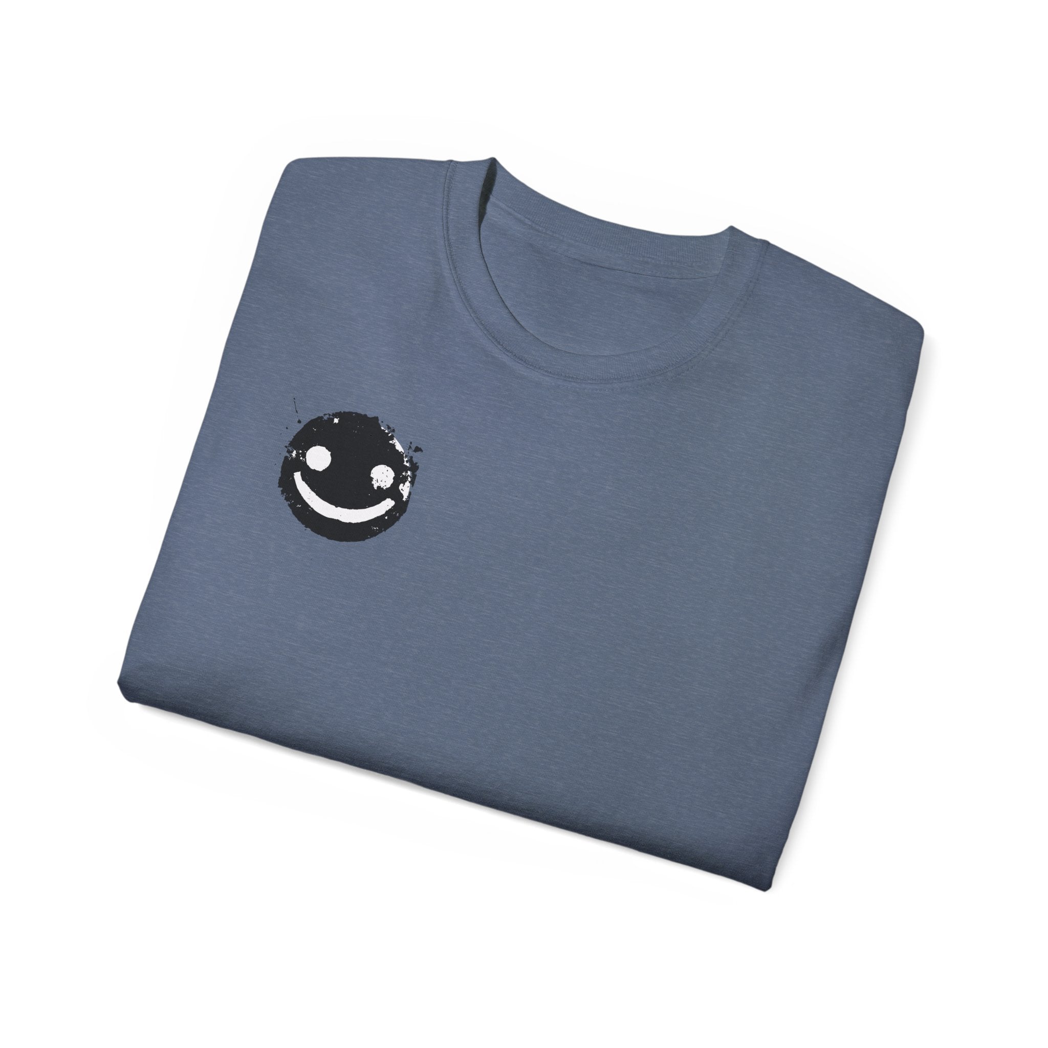 Smiley Crest Cotton Tee — Red Smiley Front, 'CORVUS' Star Logo Back