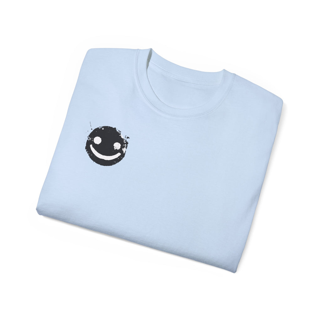 Smiley Crest Cotton Tee — Red Smiley Front, 'CORVUS' Star Logo Back