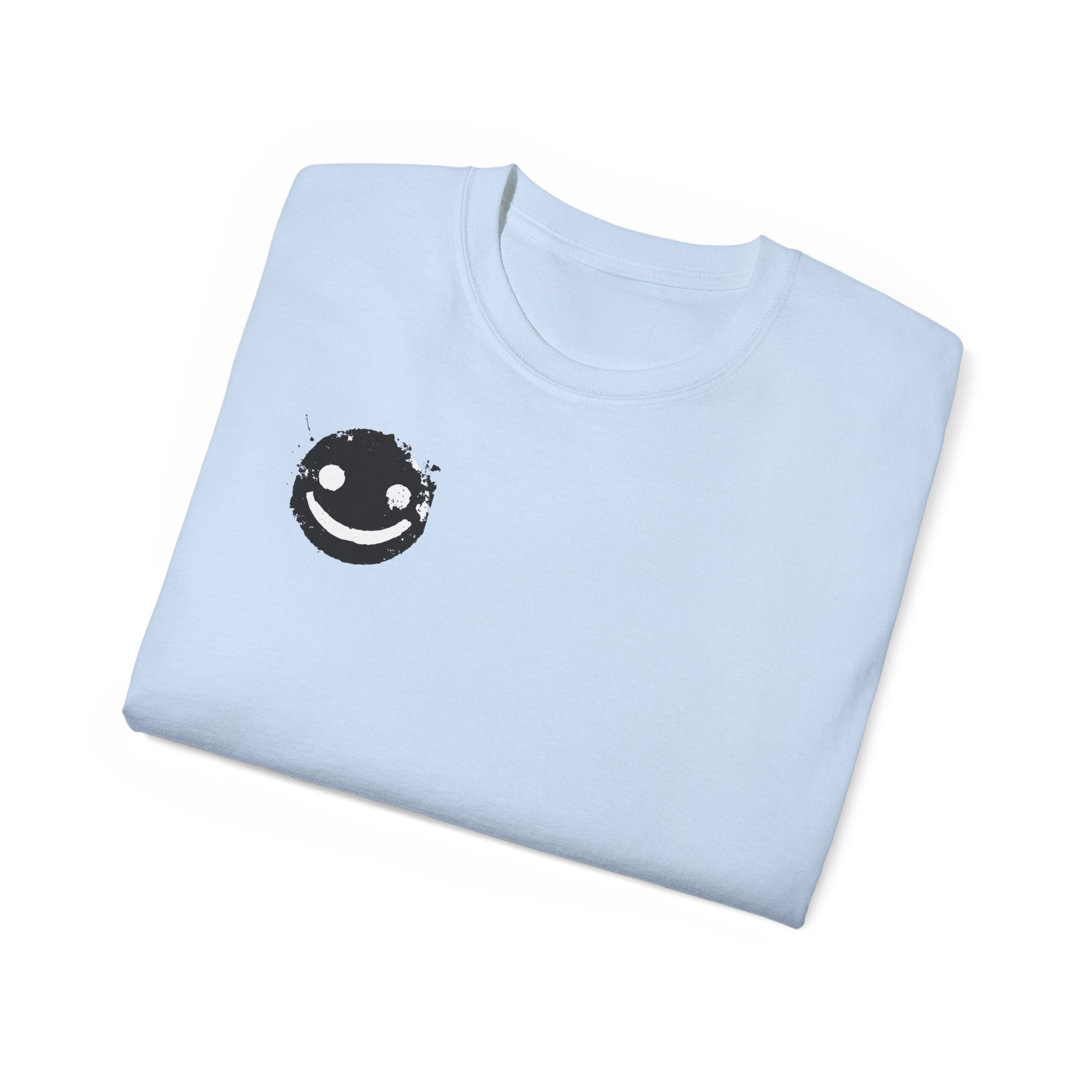 Smiley Crest Cotton Tee — Red Smiley Front, 'CORVUS' Star Logo Back
