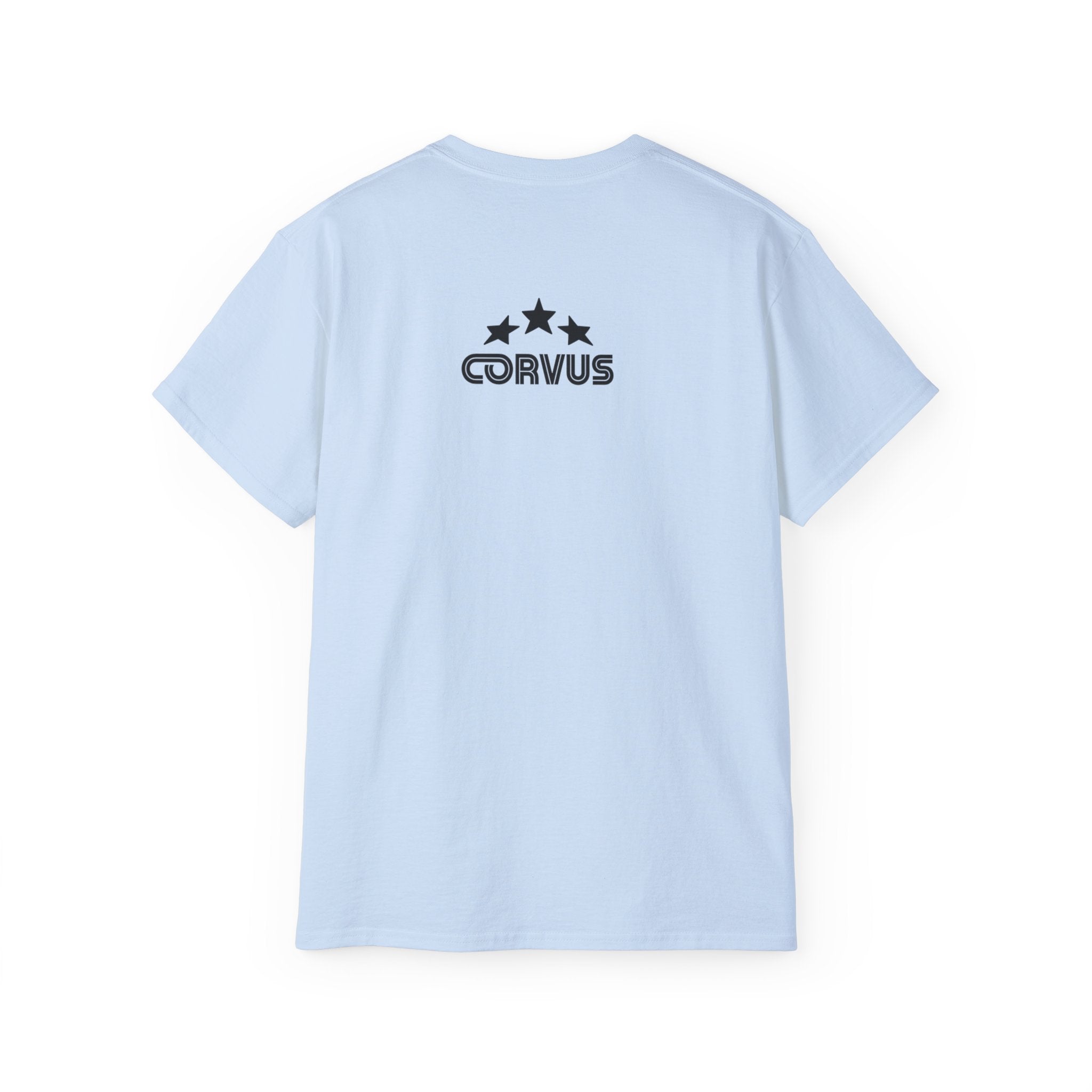 Smiley Crest Cotton Tee — Red Smiley Front, 'CORVUS' Star Logo Back