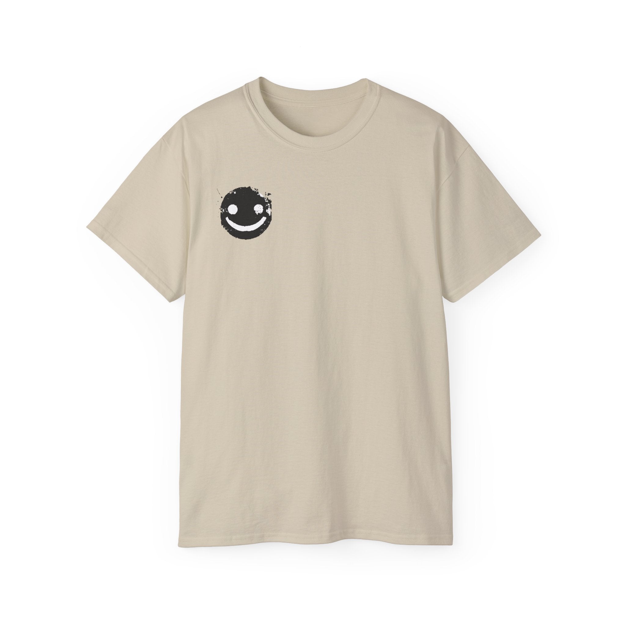 Smiley Crest Cotton Tee — Red Smiley Front, 'CORVUS' Star Logo Back