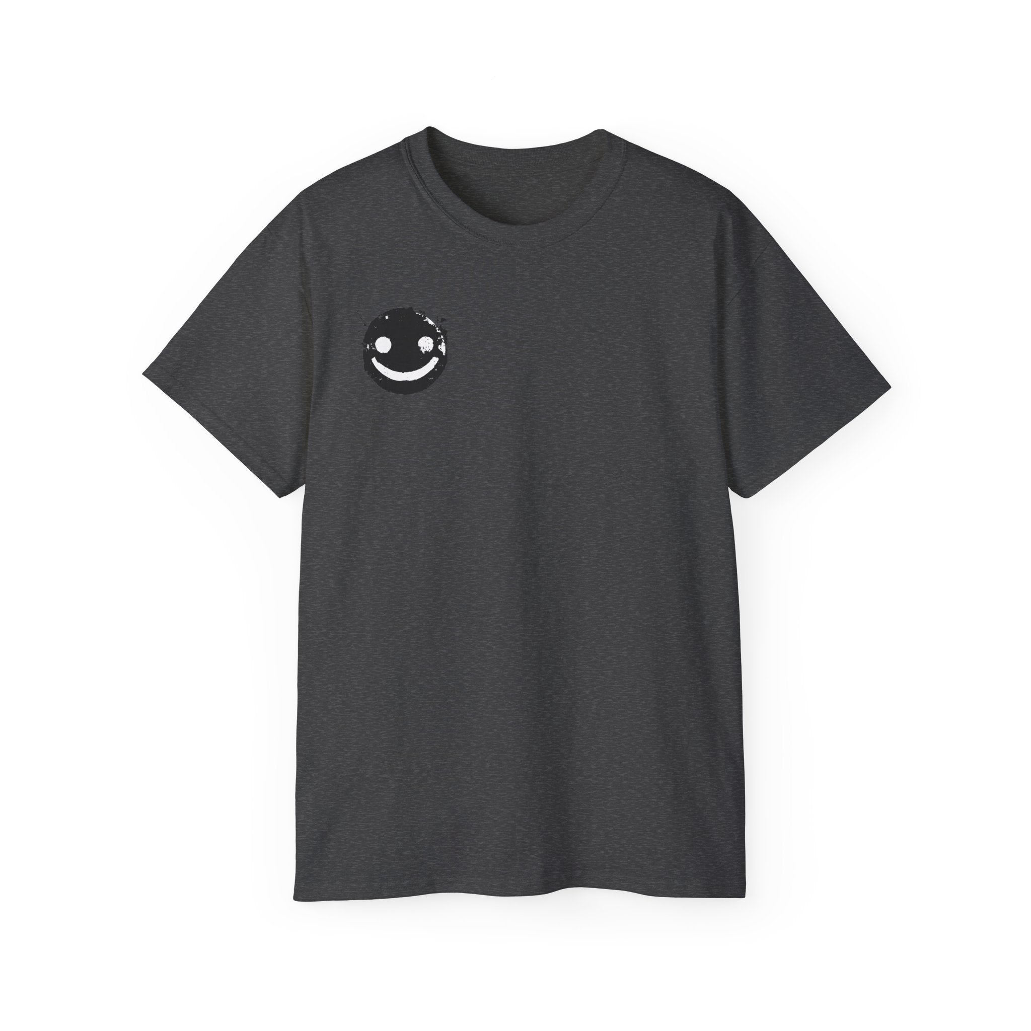Smiley Crest Cotton Tee — Red Smiley Front, 'CORVUS' Star Logo Back