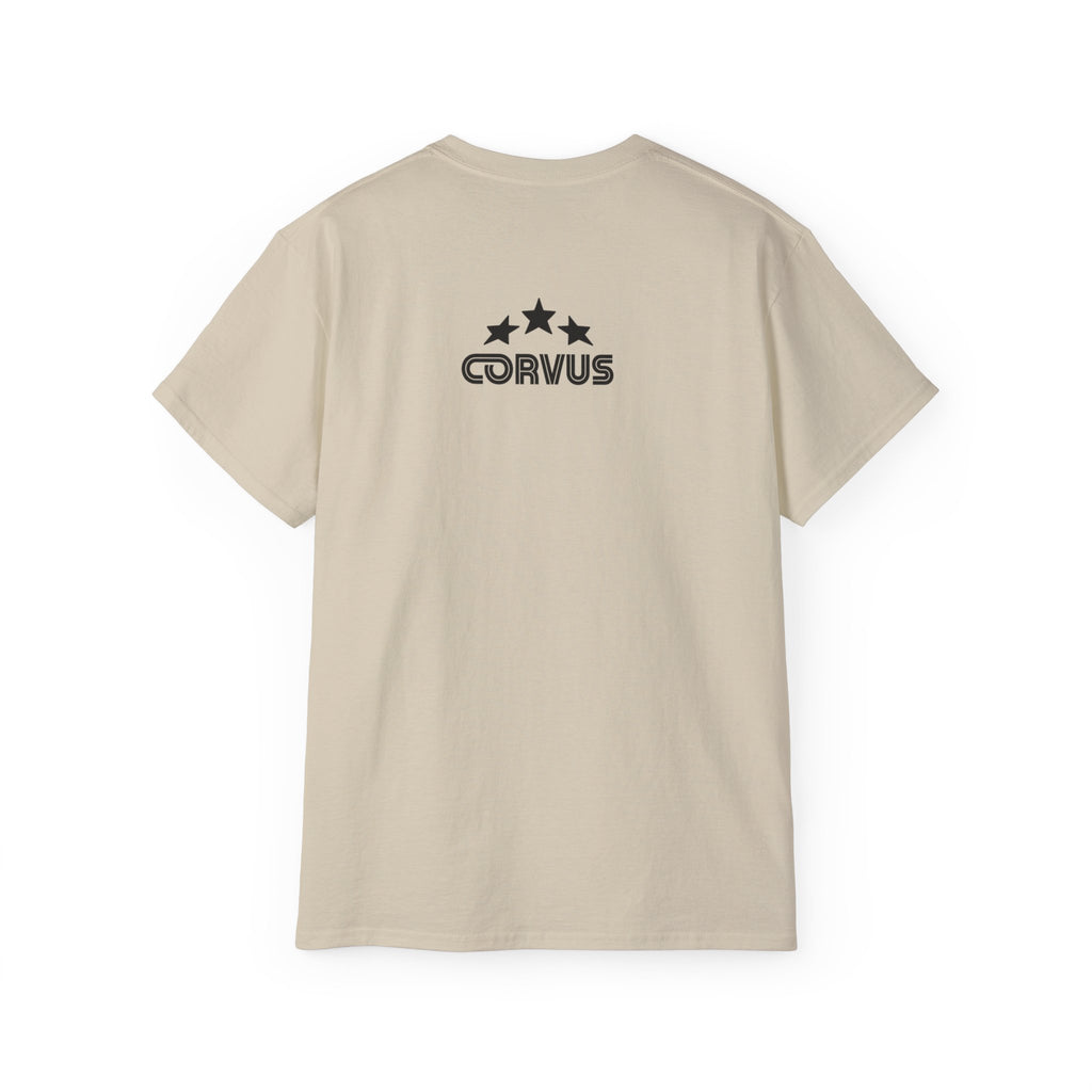 Smiley Crest Cotton Tee — Red Smiley Front, 'CORVUS' Star Logo Back