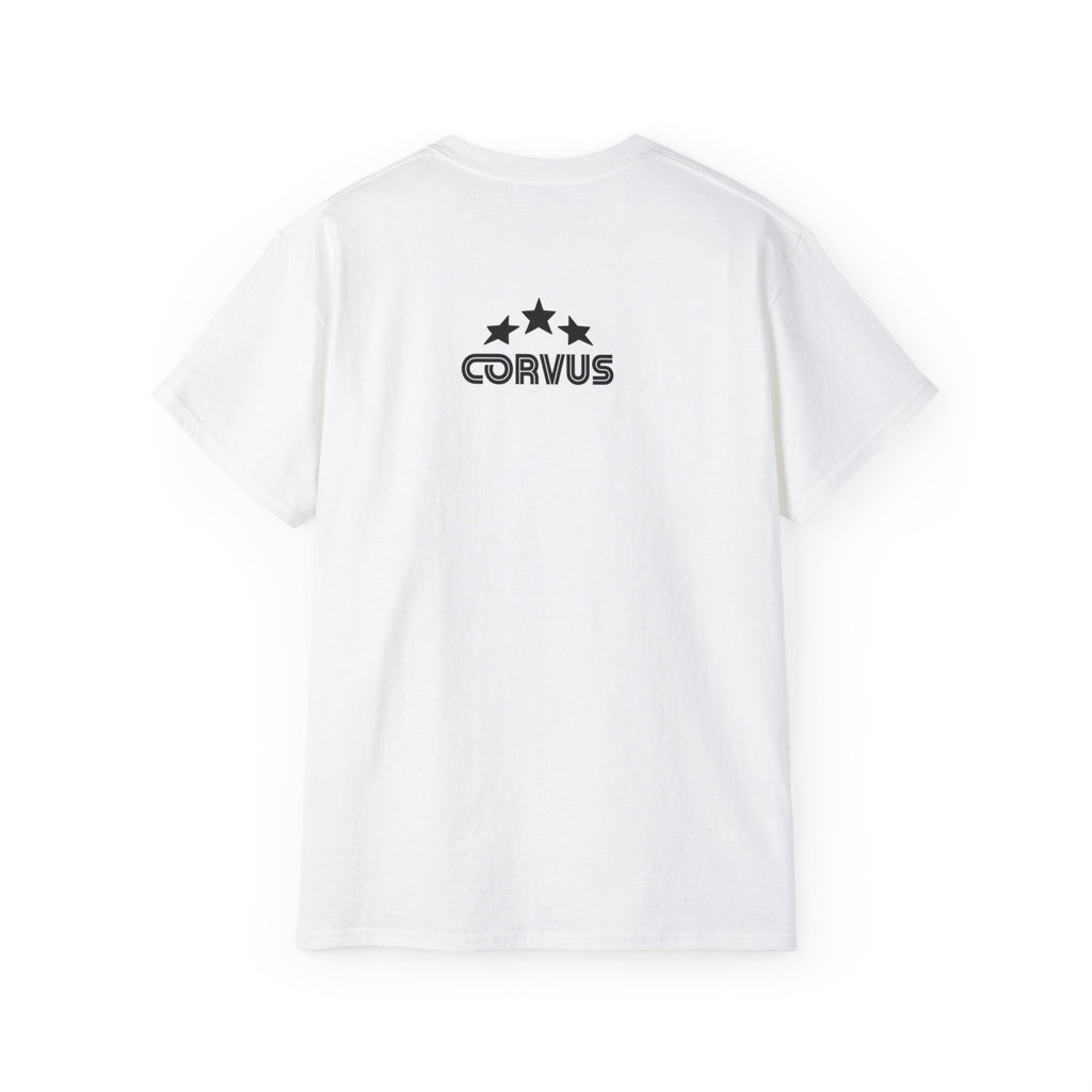 Smiley Crest Cotton Tee — Red Smiley Front, 'CORVUS' Star Logo Back