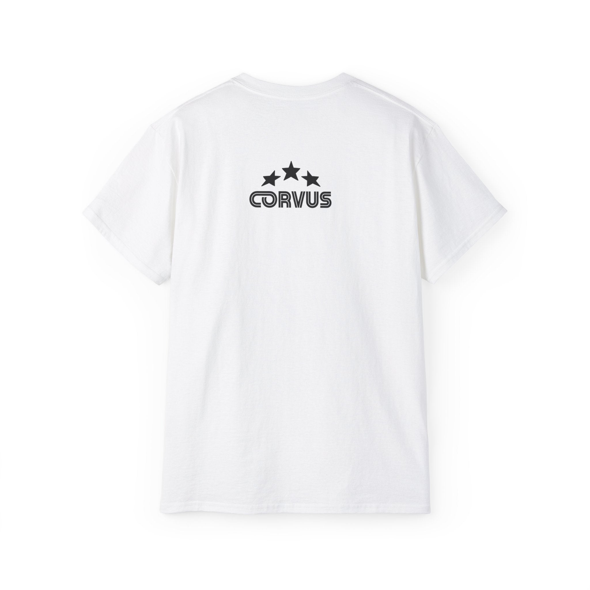 Smiley Crest Cotton Tee — Red Smiley Front, 'CORVUS' Star Logo Back