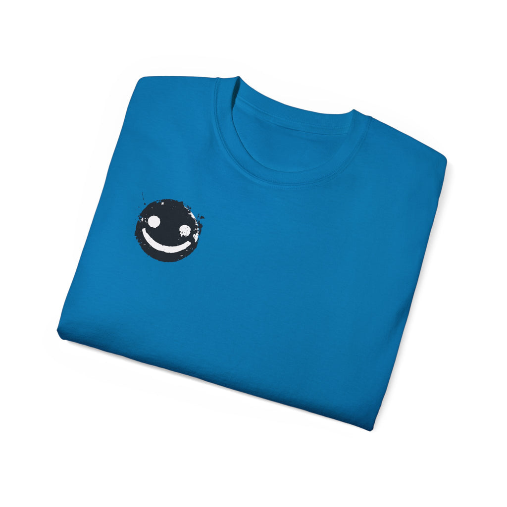 Smiley Crest Cotton Tee — Red Smiley Front, 'CORVUS' Star Logo Back